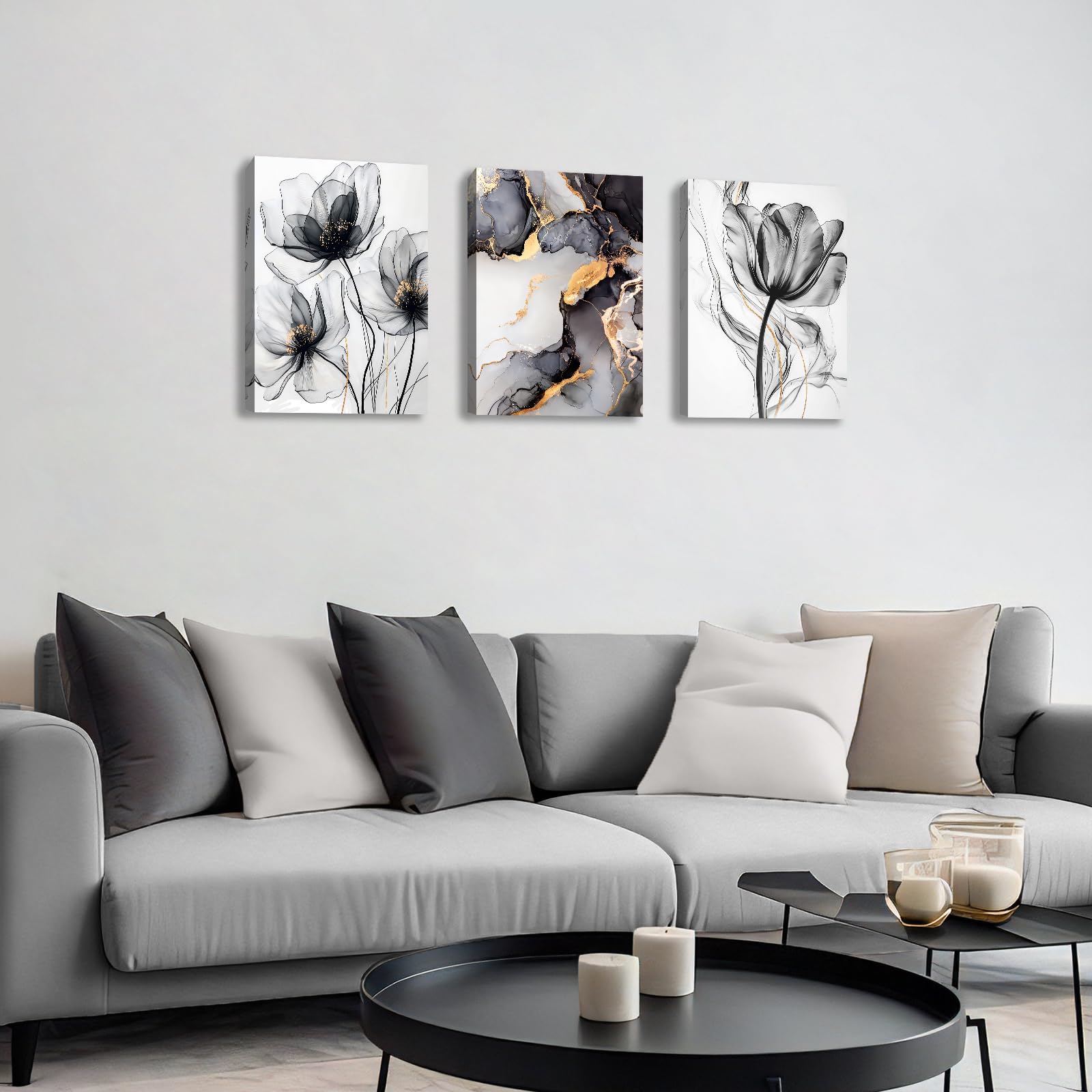 3 Pcs Wooden Framed Canvas Wall Art Canvas Prints Watercolour Poppy Flowers Painting Marble Black Ash Gold Abstract Pictures for Living Room Bedroom Bathroom Home Wall Decoration 40x60 cm x3pcs - Image 4