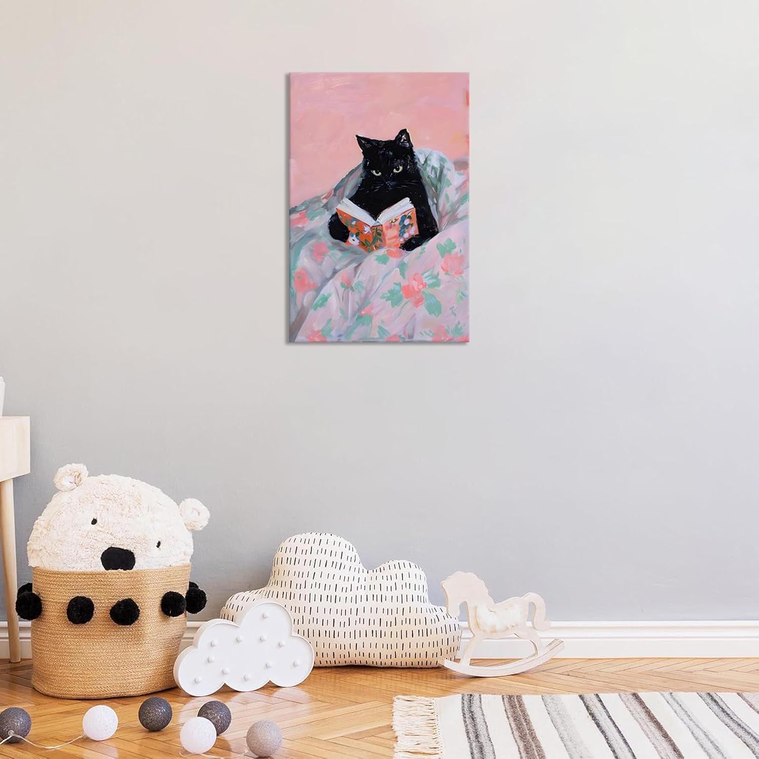 Funky Black Cat Posters Funny Pet Cat Reading In Bed Canvas Wall Art Trendy Colorful Preppy Animal Prints Painting For Home Bedroom Dorm Living Room Wall Decor 8x10 in Framed