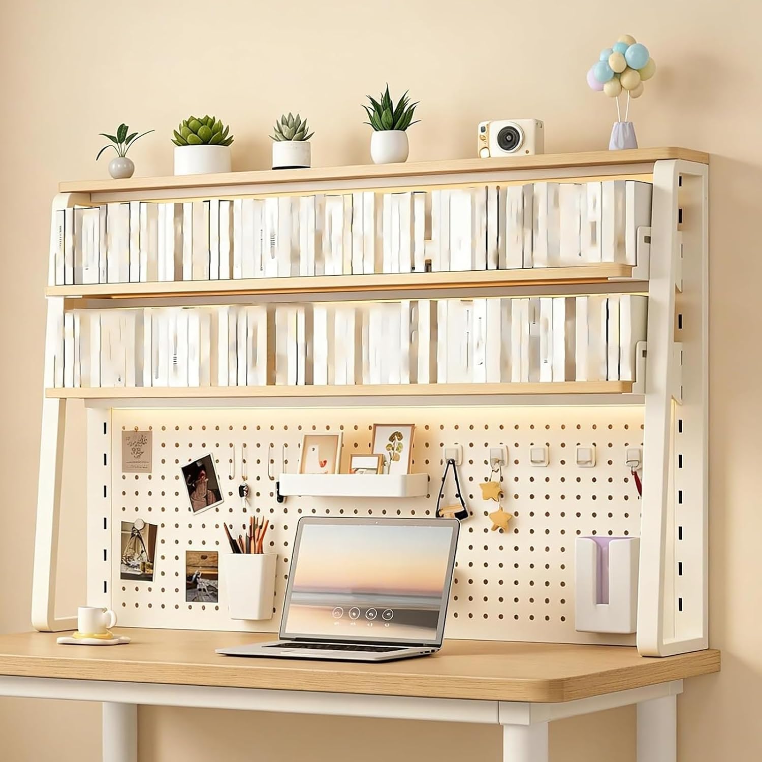 2/3-Tier Desk Hutch Shelf Organizer with Pegboard, Metal Dorm Desk Bookshelf Trapezoidal Stable Support, Multi-Purpose Adjustable Shelves, for Office & Home(White,60 * 93cm/23.6 * 36.6in)