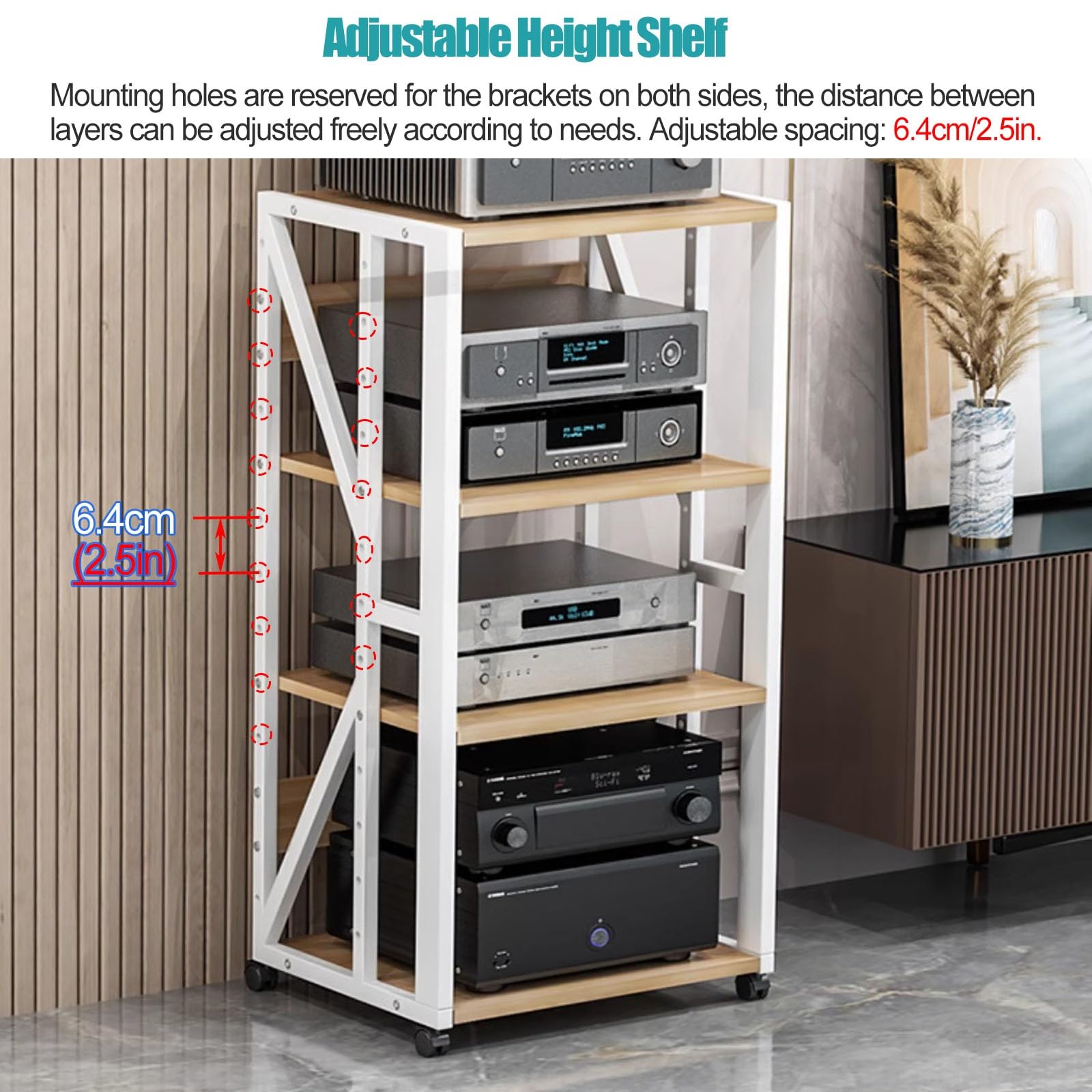 Stojak HiFi, regały i stojaki Hi-Fi, stojaki komponentowe AV, wieża audio i centrum multimedialne, domowy stojak stereo Hi-Fi z kółkami, nowoczesny, ciężki, czarny, półkowy regał