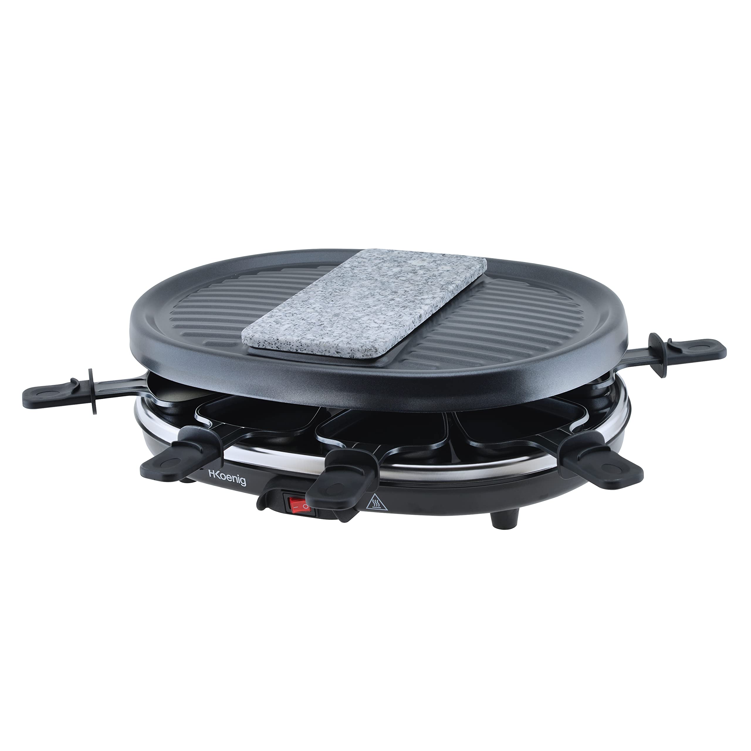 H.​Koenig Appareil à raclette RP80 Multifonction 8 personnes Professionnel, Pierre Granit, Grill, Cuisine Fromage Fondue, Accessoires 8 poêlons antiadhésifs, Plaque amovible Facile à Nettoyer