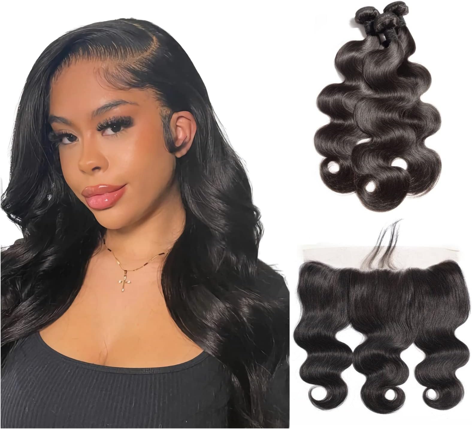 Amazon.com : Body Wave Bundles with Frontal (16 18 20 +14 inch) Human ...