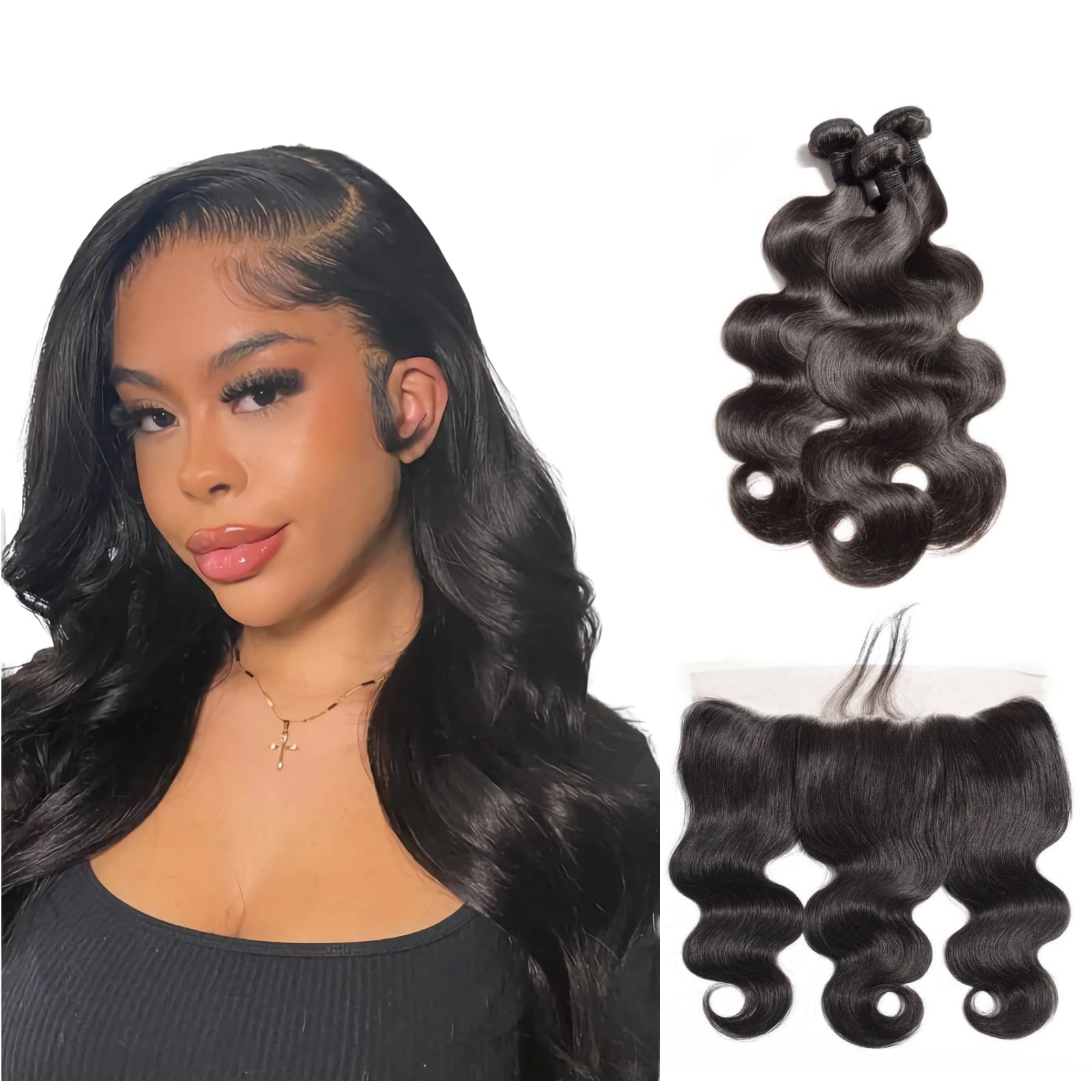 Body Wave Bundles with Frontal (16 18 20 +14 inch) Human Hair Bundles with Lace Frontal 13x4 Brazilian Virgin Hair 10A Grade Body Wave Human Hair 3 Bundles with Frontal 150% Density Natural Color
