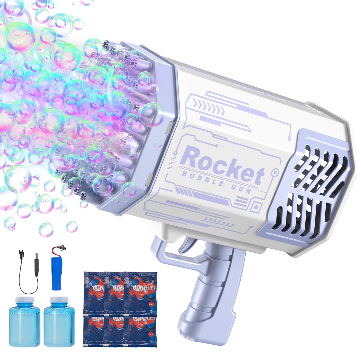 Bubble Guns Blaster 69 Holes with 2 Bubble Solution (4.4 oz Each), Upgraded Automatic Bubble Blower Machine, Bubble Toy for Summer Ourtdoor Party Birthday Wedding Chirstmas (Purple)
