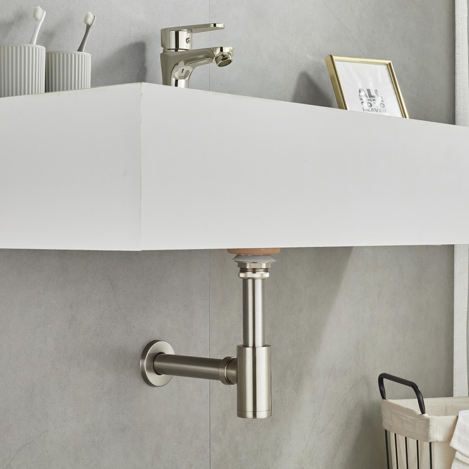 ROVOGO Desagüe para fregadero de baño con trampa para botellas, sin agujero de desbordamiento, cepillado