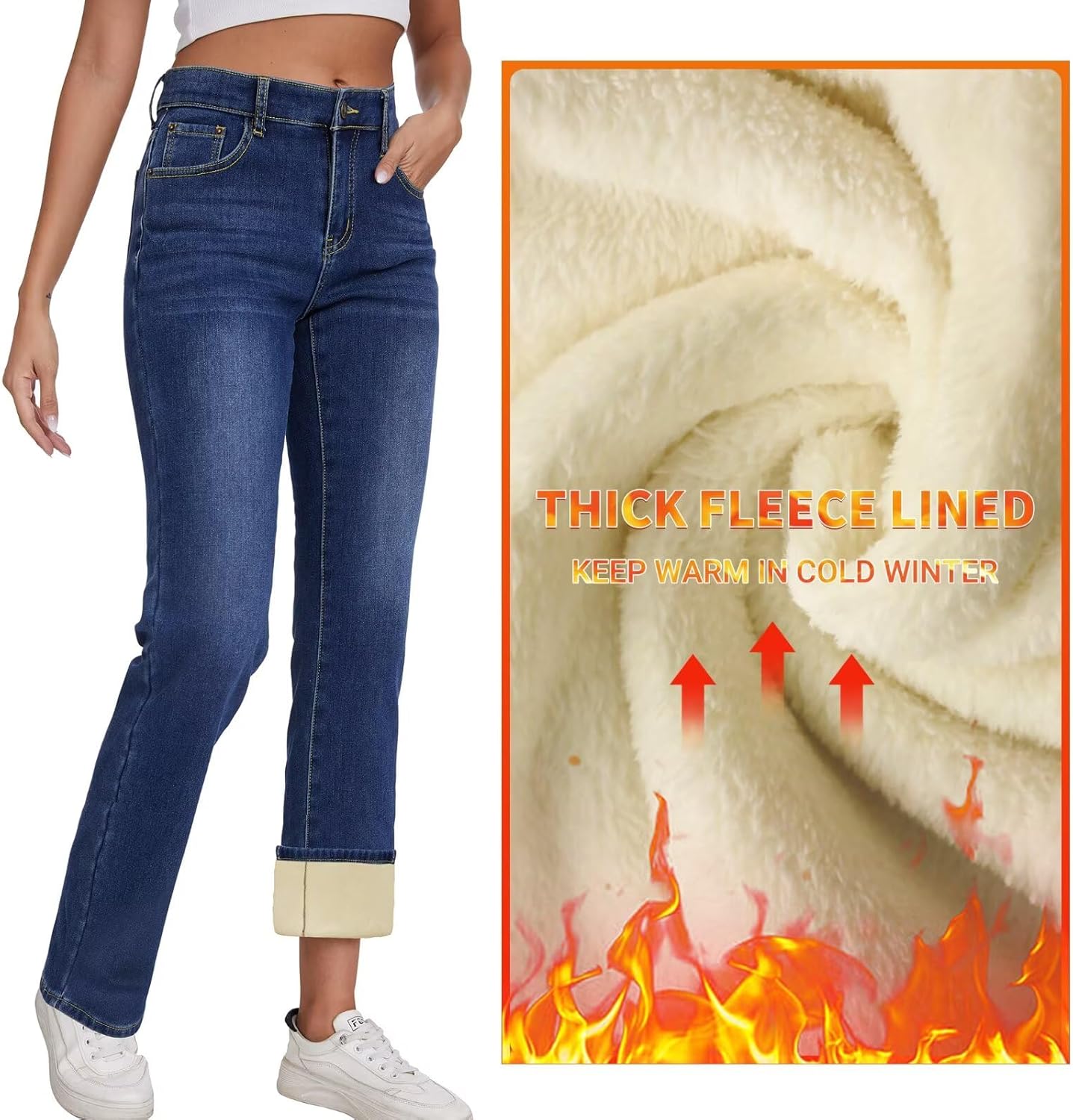 KDF Women's Fleece Lined Jeans Women High Waisted Straight Leg Jeans Winter Fleece Lined Jean Pants - Image 3