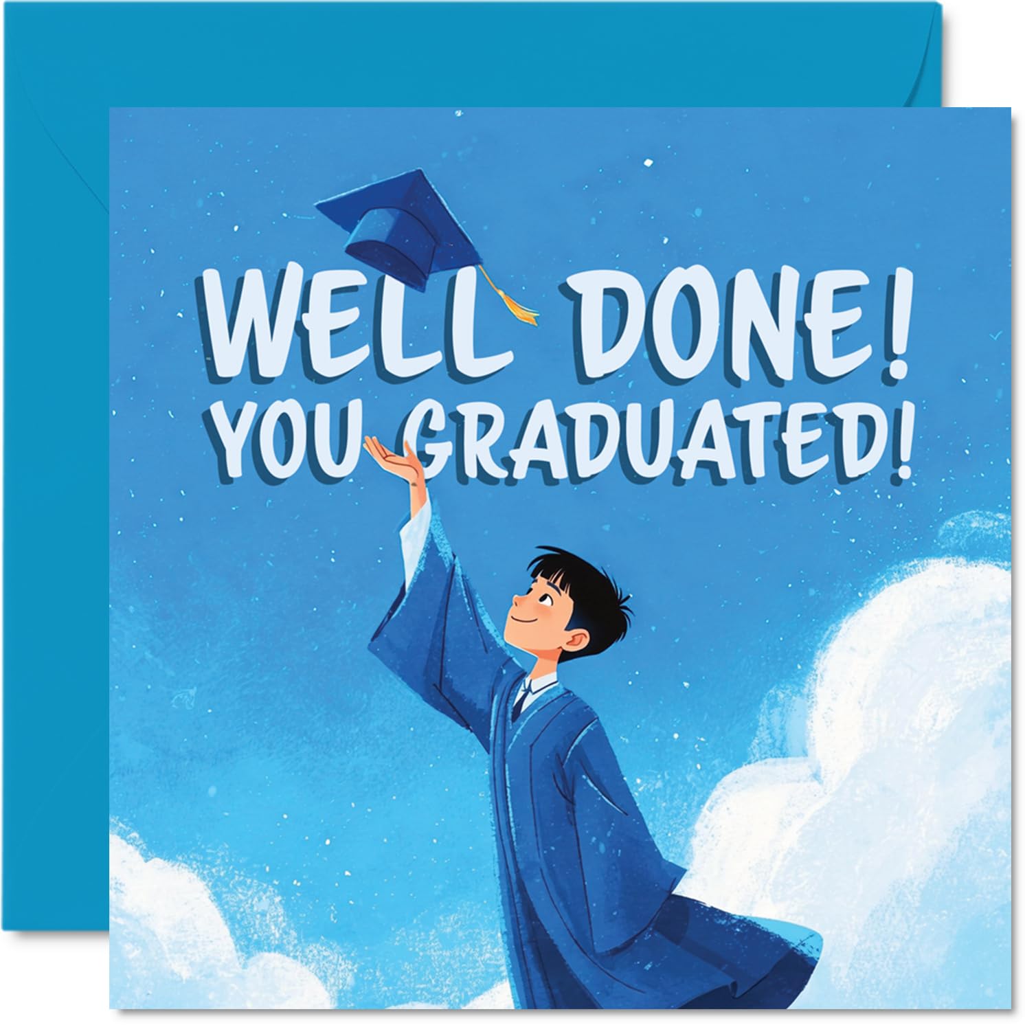 Proud Graduation Card - Caps in the Air - Joyful Graduate Illustration on a Blue Sky - Celebrate Their Big Achievement with Style - 145mm Square, Envelope Included