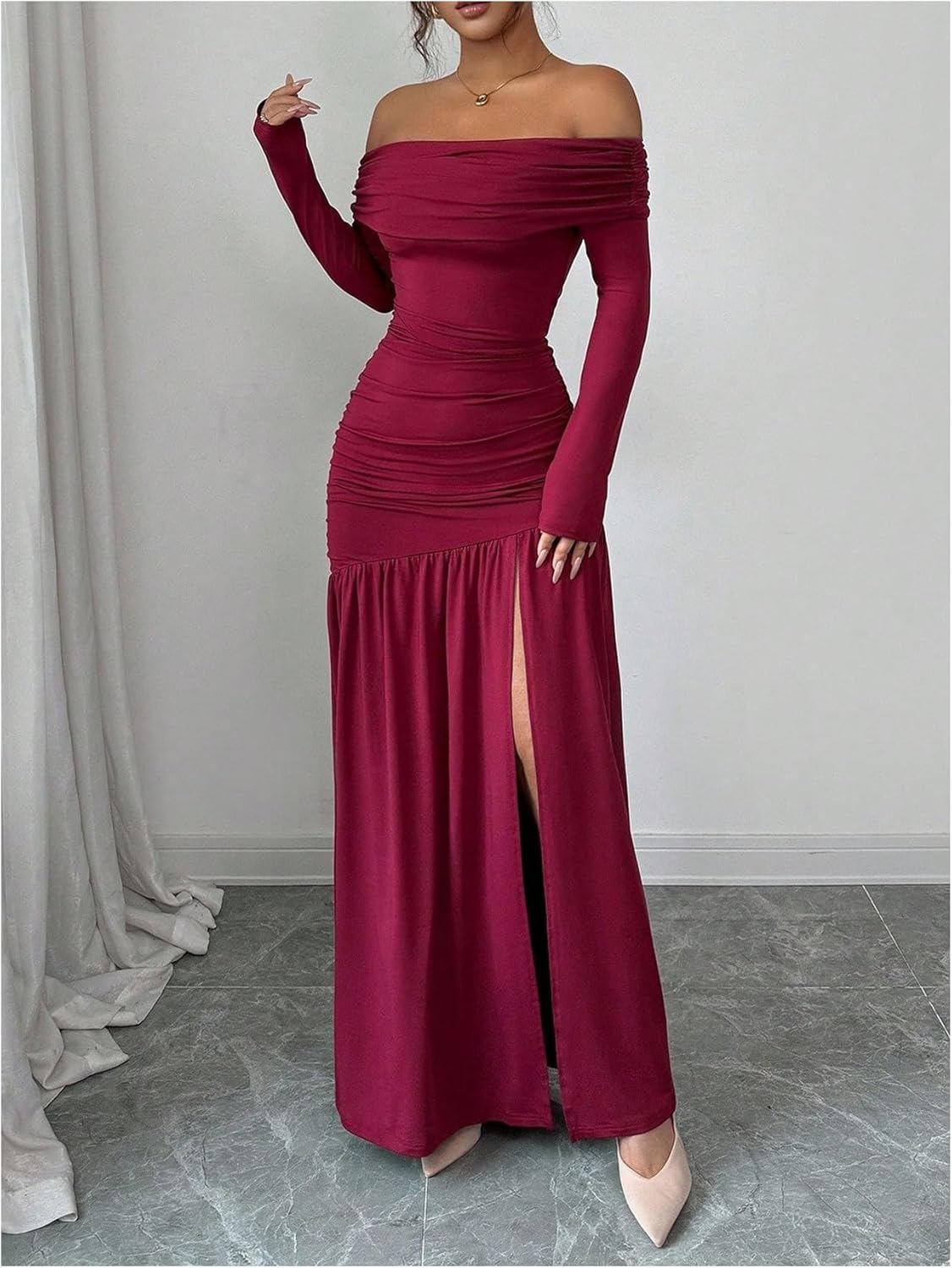 SweatyRocks Women's Off The Shoulder Ruched High Slit Long Sleeve Bodycon Maxi Long Dress - Image 4