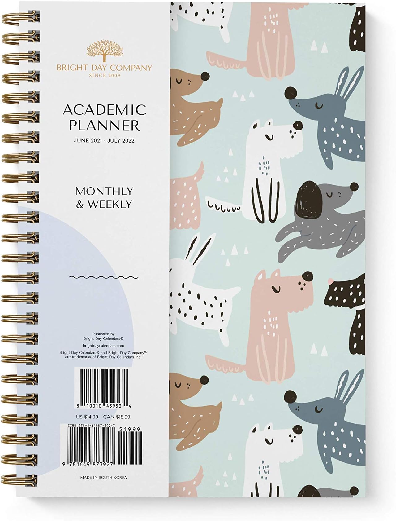 Academic Planner Yearly Monthly Weekly Daily Calendar Organizer by Bright Day Spiral Bound Dated Agenda Flexible Cover Notebook, June 2021 - July 2022, 8.25 x 6.25, Dogs