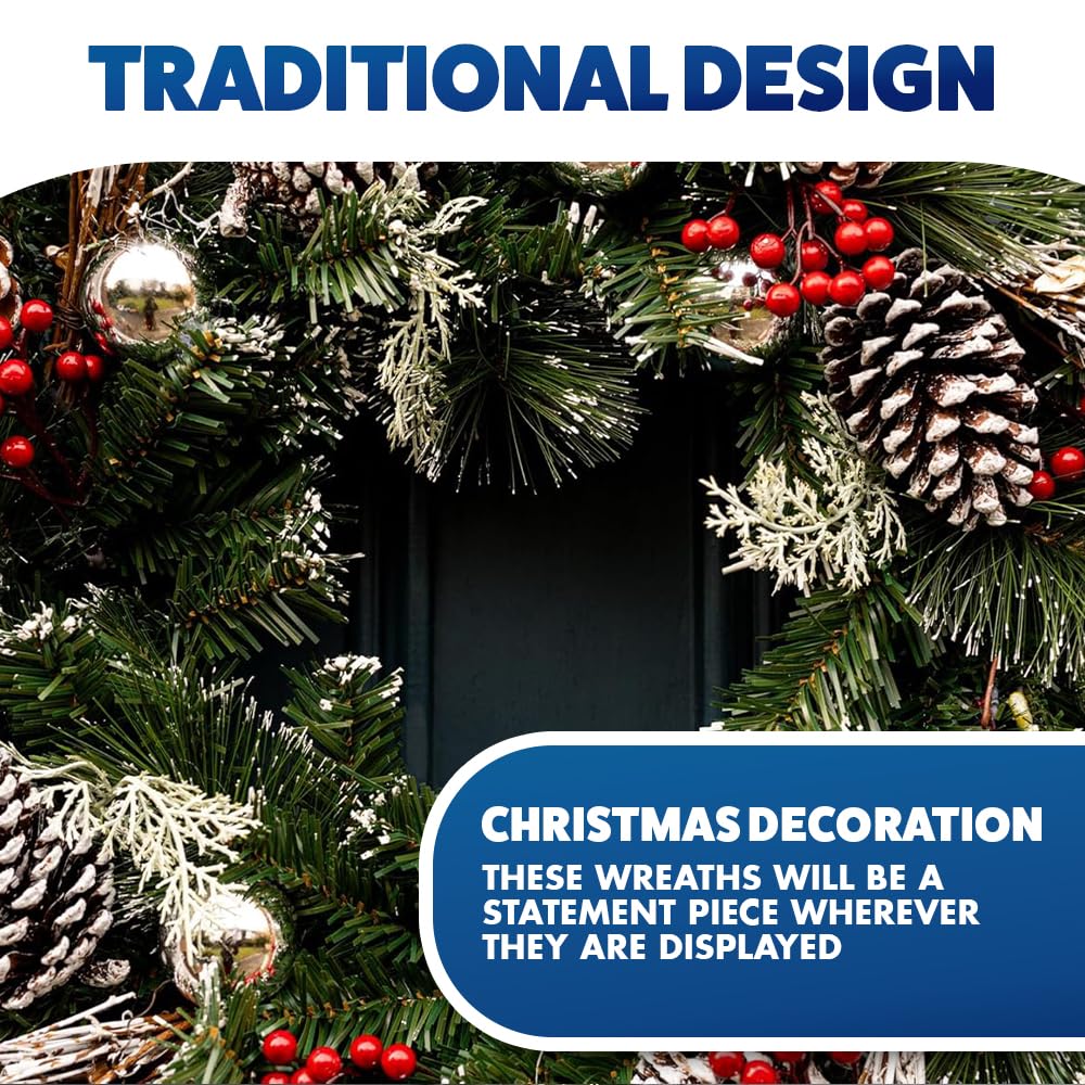 Marco Paul - Corona de Navidad para puerta de 50 cm con piñas, bayas y bolas, decoración de puerta de Navidad con polvo de nieve, adornos de Navidad colgantes de lujo para oficina o hogar, accesorios