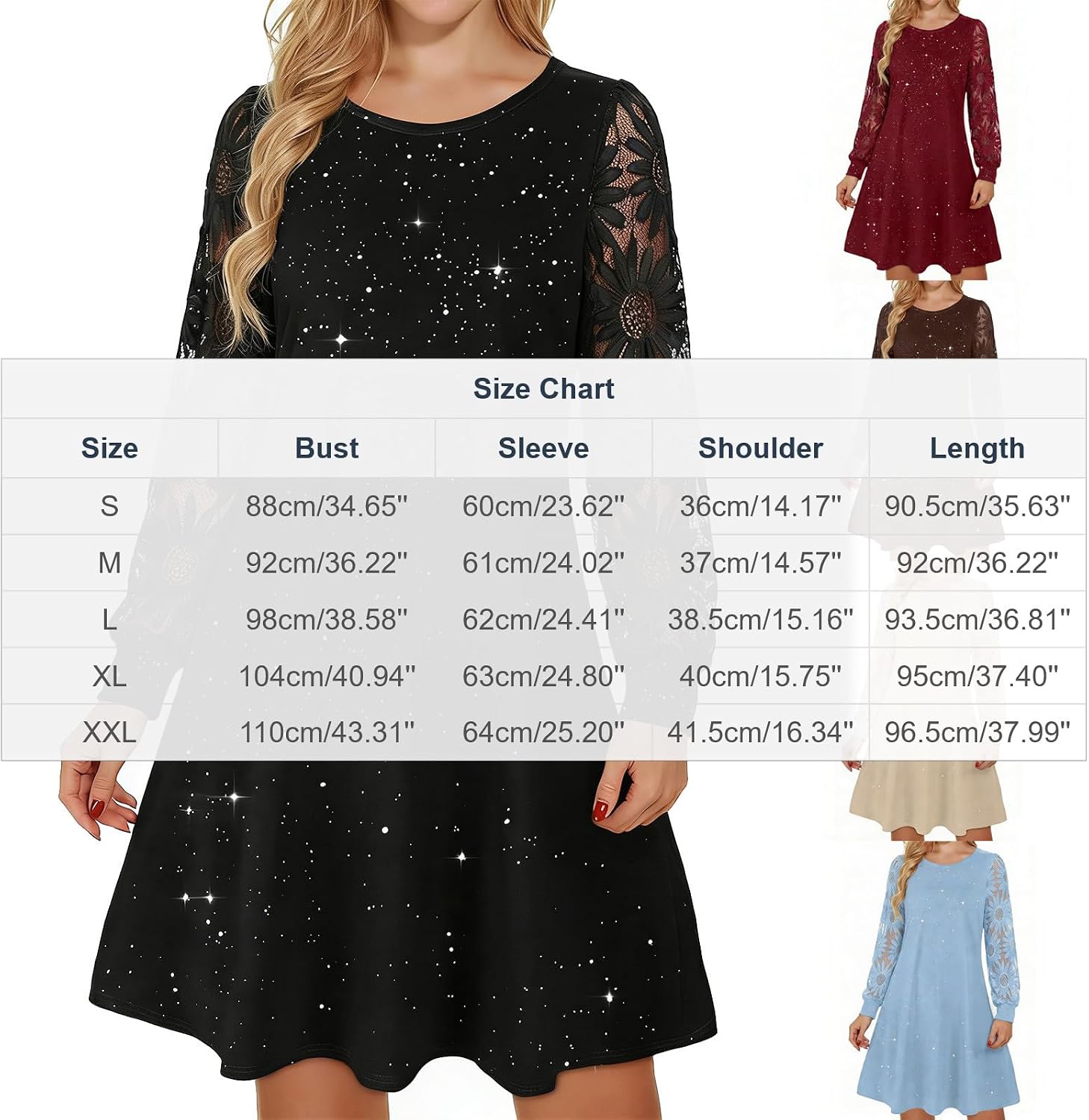 Long Sleeve Sequin Dresses for Women Crew Neck Going Out Party Cocktail Sparkly Dress Loose Fit Lace Floral Clothes