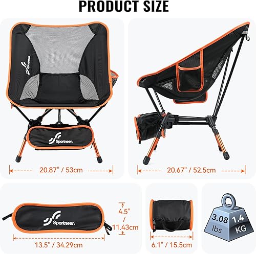 Miniatura 6 de Sportneer Sillas deportivas para adultos, sillas de campamento de altura ajustable para adultos, silla plegable compacta para mochilero al aire