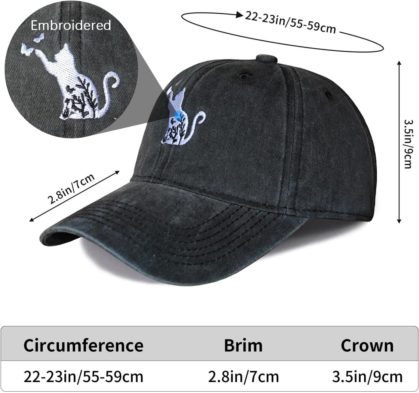 Women's Embroidered Floral Cat Hat for Men Women, Adjustable Vintage Distressed Washed Cotton Baseball Cap - Image 4