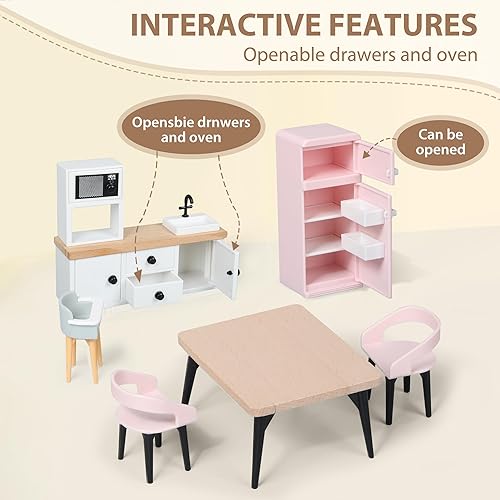 Miniatura 4 de Juego de muebles de casa de muñecas de madera, accesorios y muebles para casa de muñecas, con 7 habitaciones, 3 muñecas, incluye juego de patio y