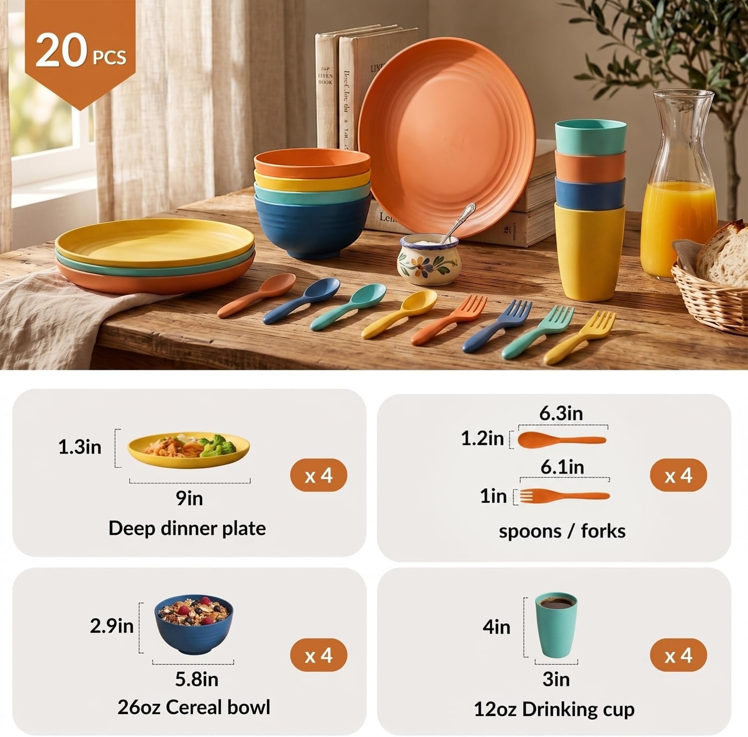 Homienly Wheat Straw Plates and Bowls Sets Unbreakable Dinnerware Set 20 PCS Dish Set for Camping, Party, Picnic Microwave and Dishwasher Safe Kitchen Dinner Set Apartment Essentials (Multicolor) image 2