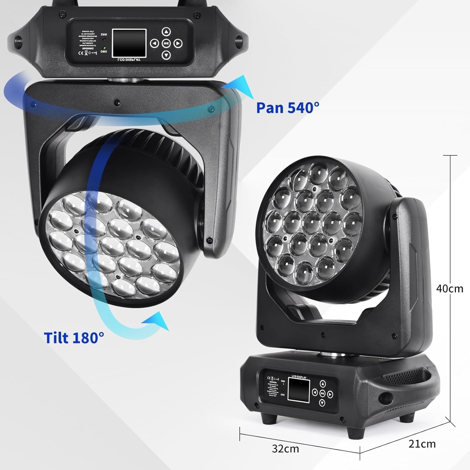 19x15W Moving Head LED DMX512 RGBW Lichteffekte Partylicht mit 16/24 Kanal Beam/Wash/Strobe/Ring Effect 4 in 1 Bühne Lichter DJ Lichter Lichtanlagefür Hochzeit Bar Disco Party und Nachtclub
