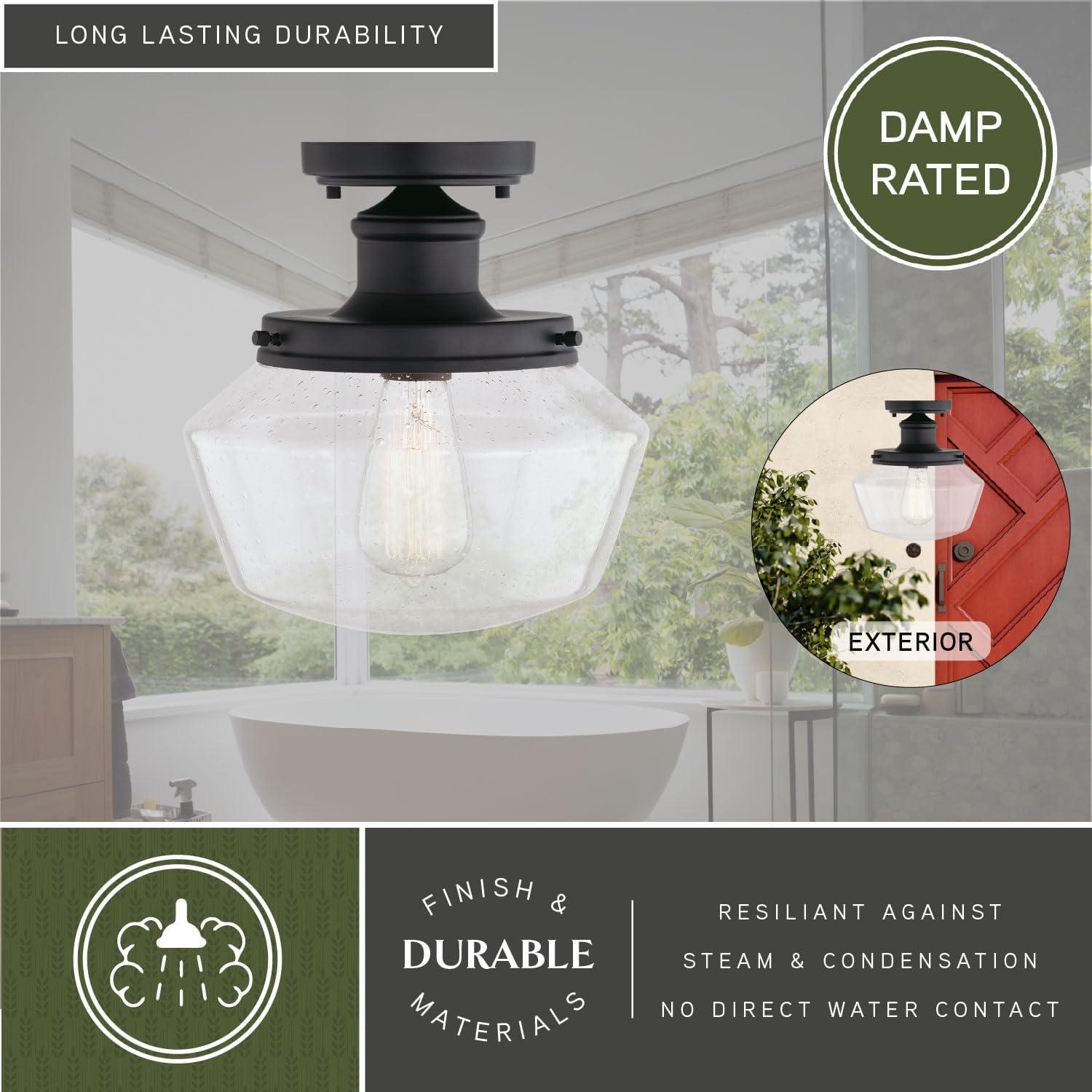 VAXCEL Collins Black Farmhouse Outdoor Flush Mount Ceiling Light Clear Schoolhouse Glass