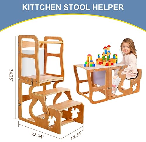 Miniatura 6 de Taburete de cocina de torre para niños pequeños, Montessori de pie con pizarra, taburetes 3 en 1 para la espalda de los niños, aprender cocina de