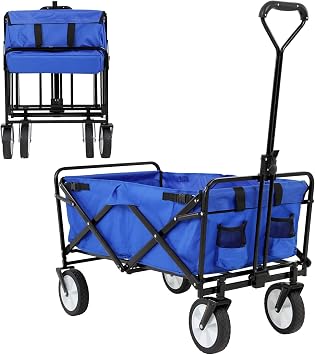 Folding Wagon Cart Portable Collapsible Beach Wagon Cart Outdoor Sports Wagon Camping Wagon Heavy Duty Utility Cart with Adjustable Handle for Grocery, Garden, Beach, Sport, Shop, CampingBlue