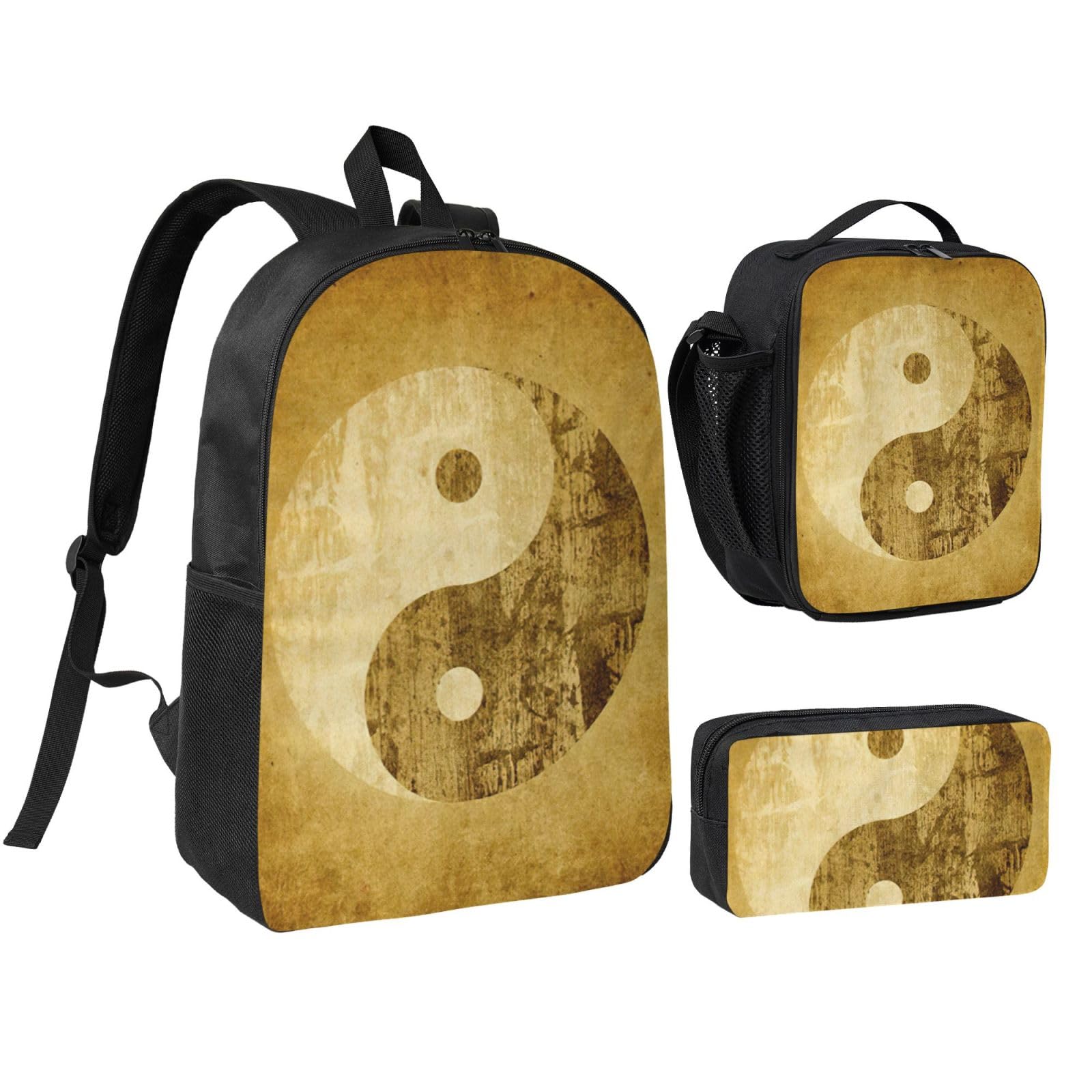 Jejea Unisex Black Yin Yang Symbol Print Backpack With Lunch Box Pecnil Case Set 3 In 1,Bookbags Lunchbag Pencil Bag 17Inch For Travel