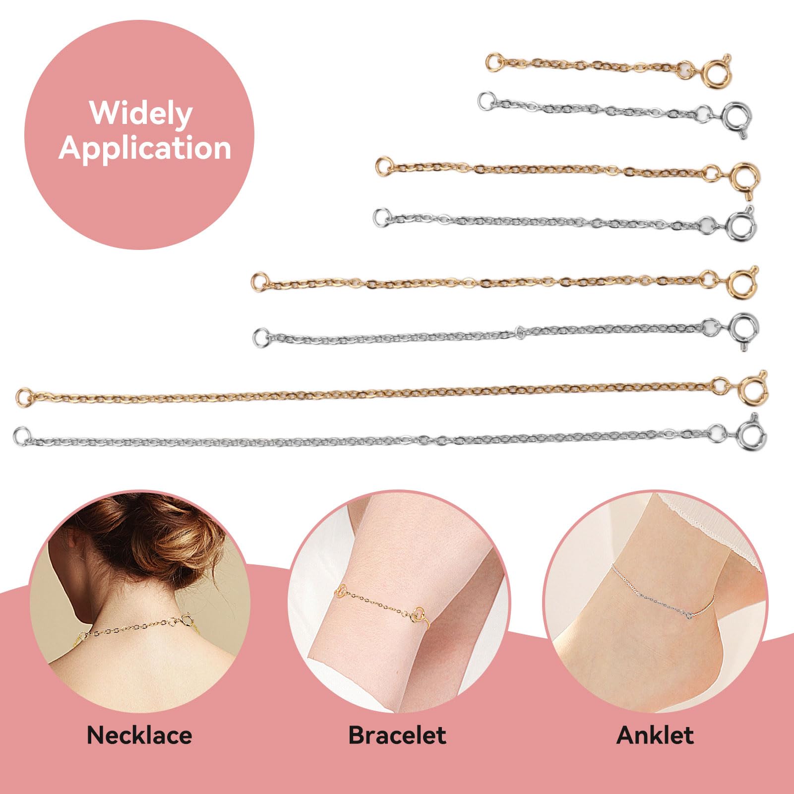 Agatige Necklace Extender, 8 Pcs Stainless Steel Gold Silver Necklace Adjustment Extension Chain Suitable Jewelry Decoration