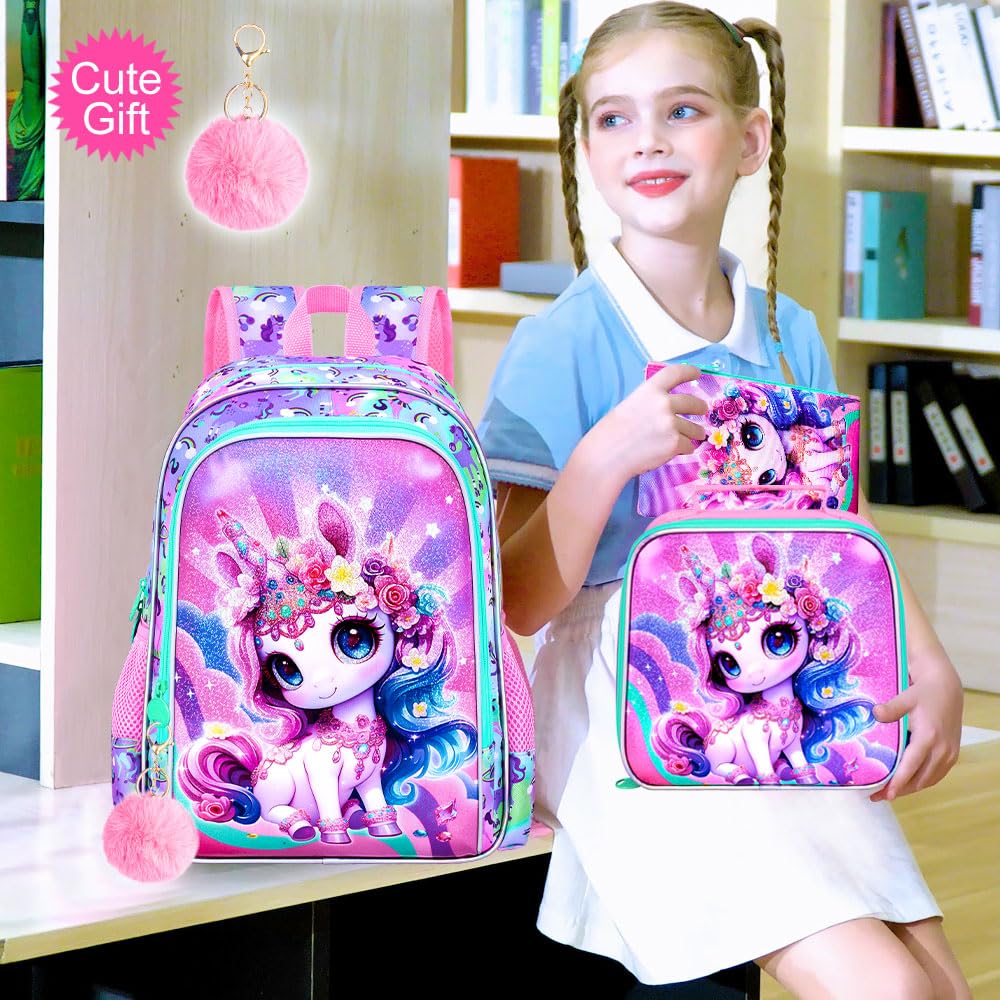 FTJCF Unicorn Backpack for Girls, 16