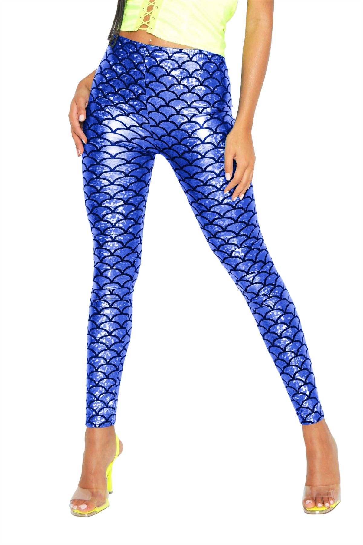 Stylewear Women's Royal Blue Skinny Stretchy Fish Scale Print Elastic Waist Leggings Pants Girls Disco Fnacy Party Mermaid Metallic Legging