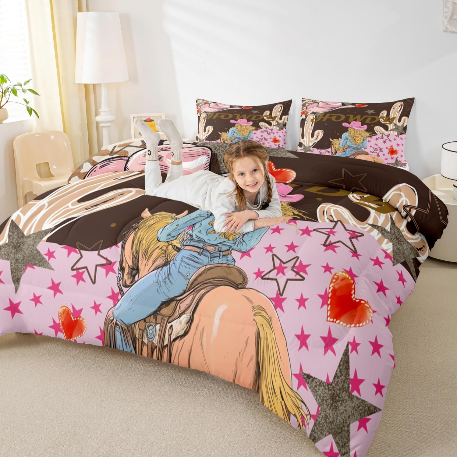 Erosebridal Western Queen Comforter Set,Cowboy Cowgirl Hat Howdy Bedding Set for Girls Women Room Decor,Wild West Horse Quilt Set Boho Cactus Exotic Bedding Comforter Sets,2 Pillowcases