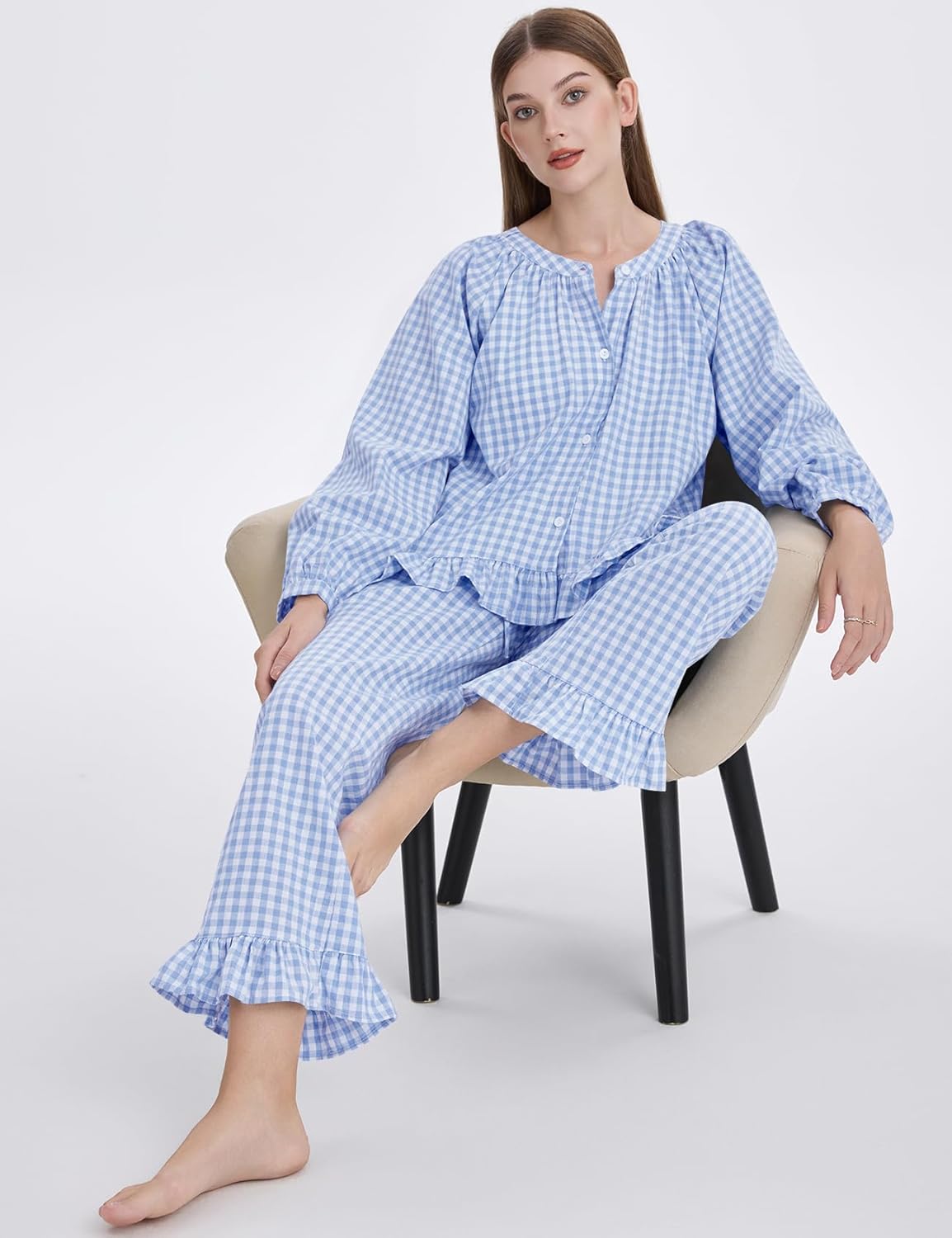 COZYPOIN Womens Plaid 2 Piece Pajamas Sets Cotton Gingham Puff Long Sleeve Cute Shirt Ruffle Pants Y2K Pjs Lounge Set - Image 5
