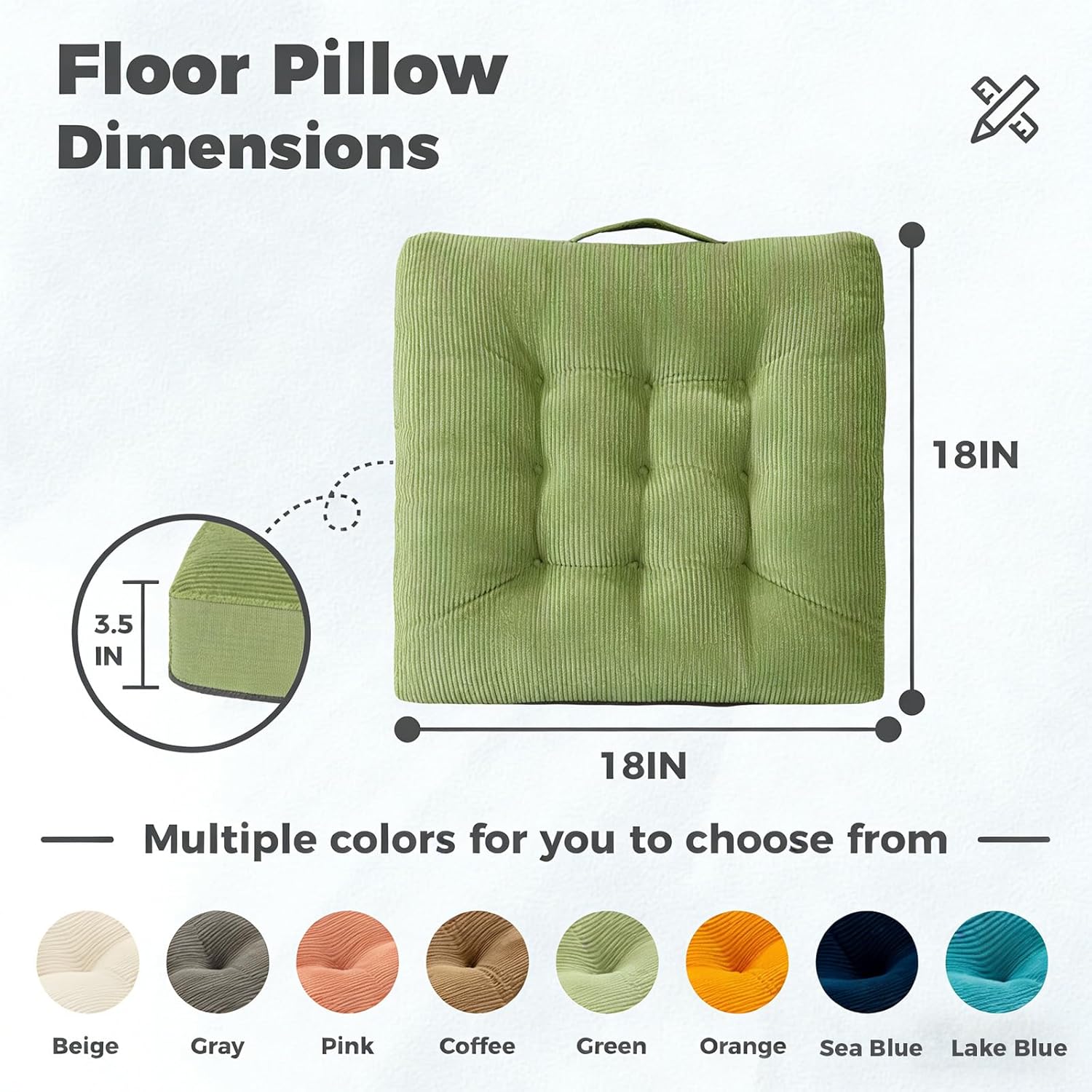 Floor Pillow Dark Grey Washable Floor Sitting Cushions 18x18 Inch 2-Pack, Meditation Yoga Pillows for Sitting on Floor Tufted Corduroy Seat Pads with Handle for Office Dining Room Seats
