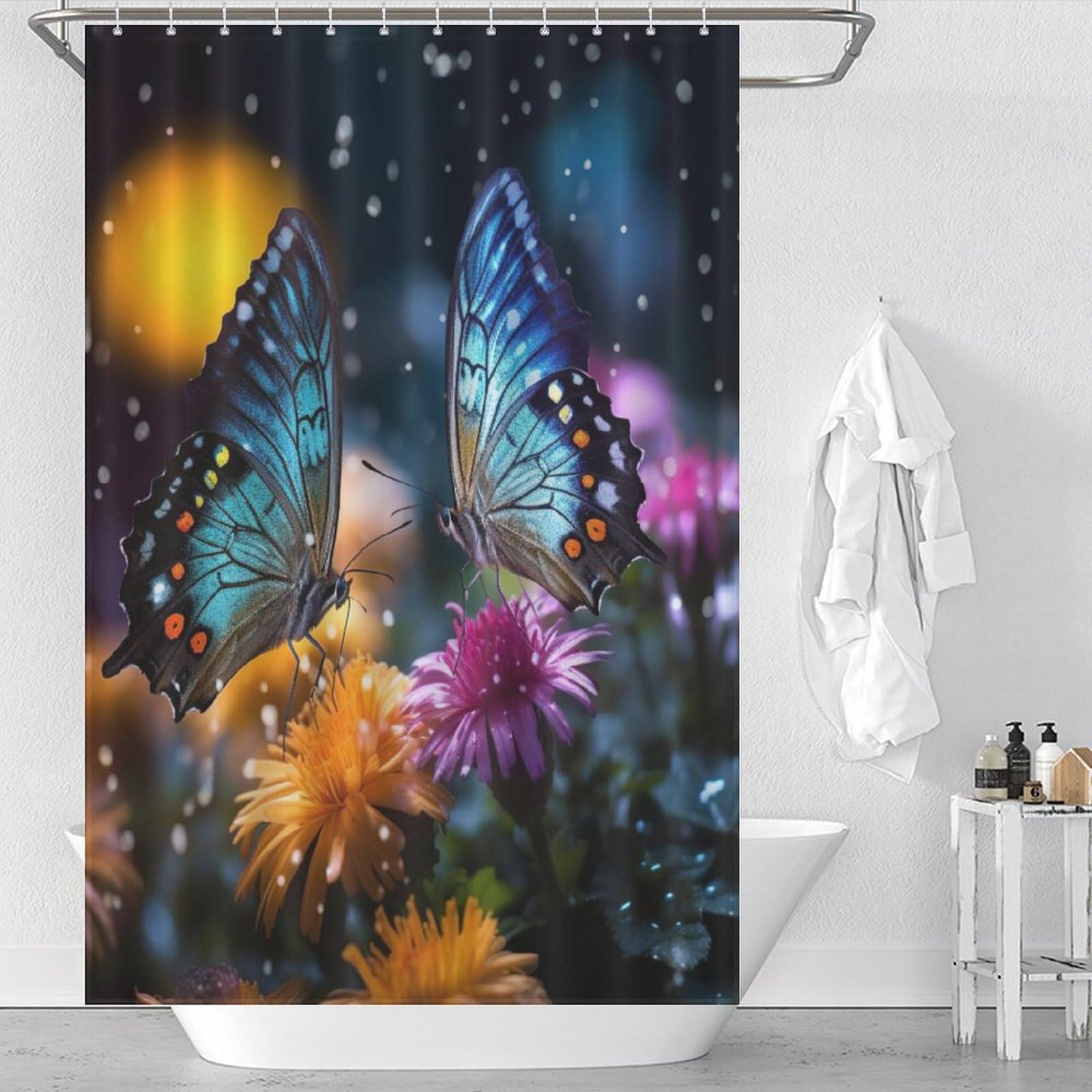 Rideau de douche imperméable et lavable motif papillon en tissu polyester