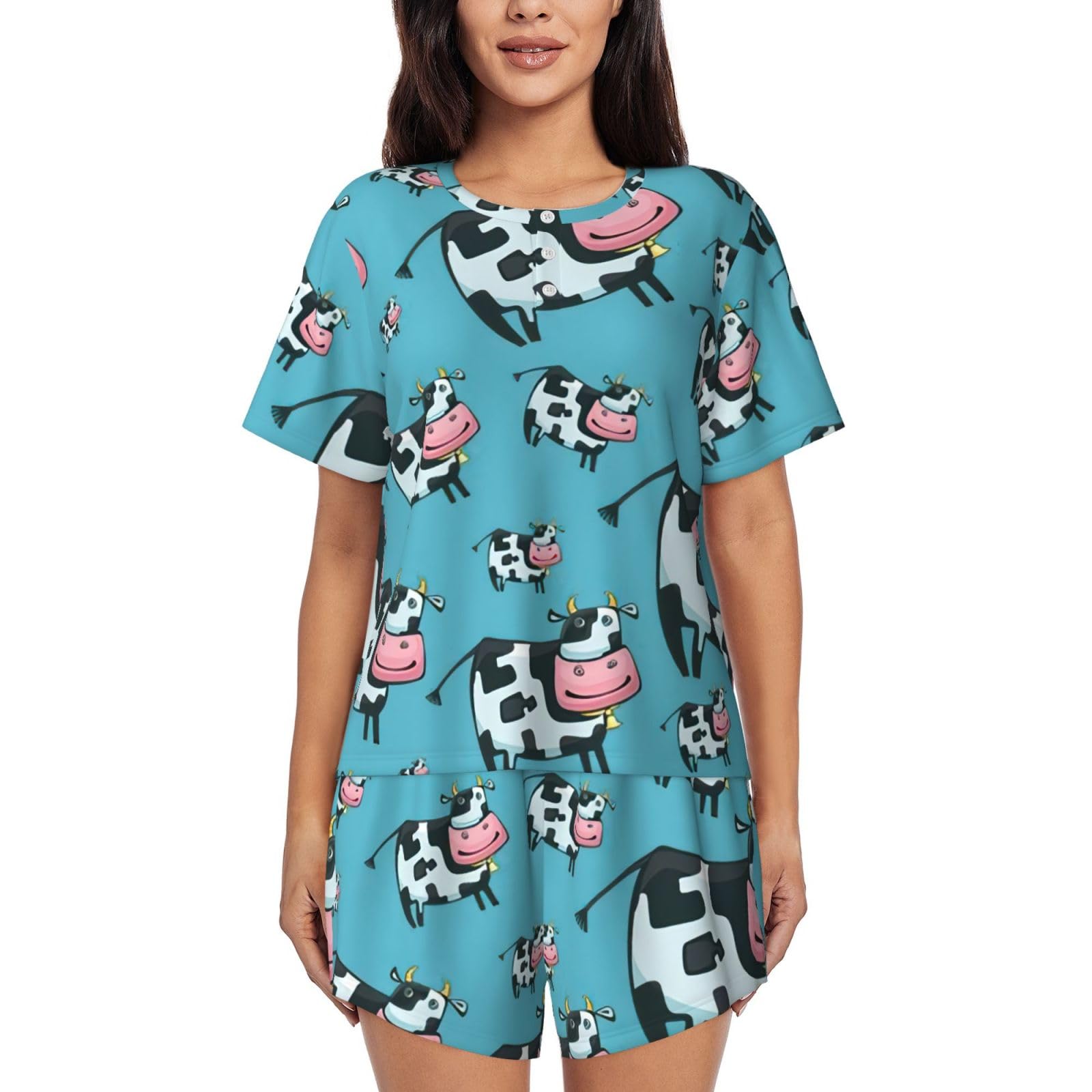 Edwal Women's Black Cow Print Pajama Sets Lounge Wear Set Soft Loungewear Short-Sleeved Pjs And Shorts