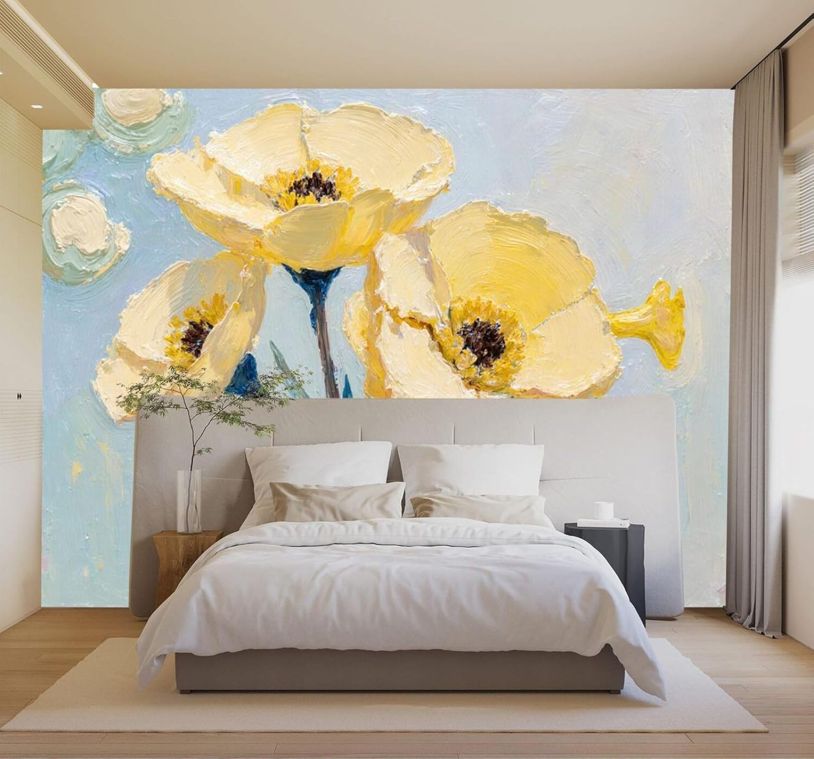 3D Carta da Parati Minimalista Disegnato Mano Fiori Gialli Astratto Azzurro