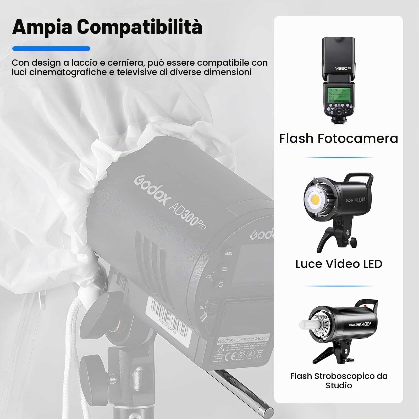 Godox Ombrello parabolico riflettente profondo 41.3in / 105 cm interno bianco | Ombrello da studio con luce morbida con copertura diffusore per fotografia e riprese video in studio