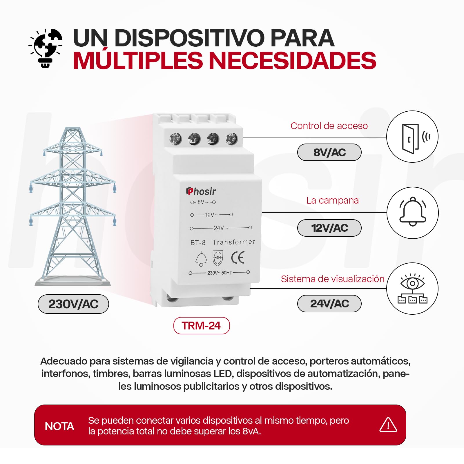 Transformador 220V 8V, Transformador 8V 12V 24V/AC Salida, 230V/AC Entrada, Max 8VA, Alimentador 12V, Apto para Timbres, Timbres Visuales, Carril de 35 mm, BT-8 No es Compatible con CC