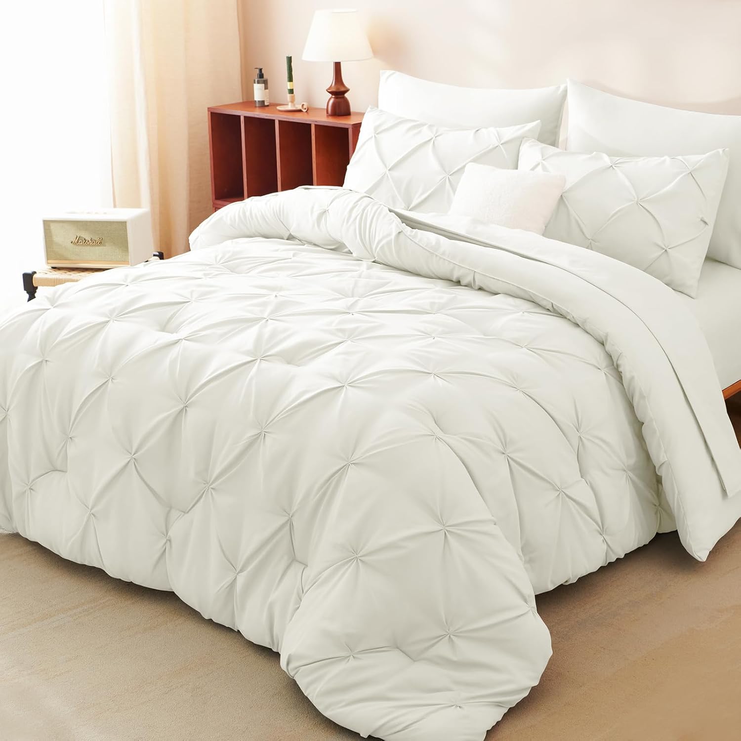 King Comforter Set Ivory, 7 Pieces Pintuck Bed in A Bag King Size Bedding, Soft Bed Set All Season Pinch Pleat Comforter Set with Sheets, Pillowcases & Shams - Image 5