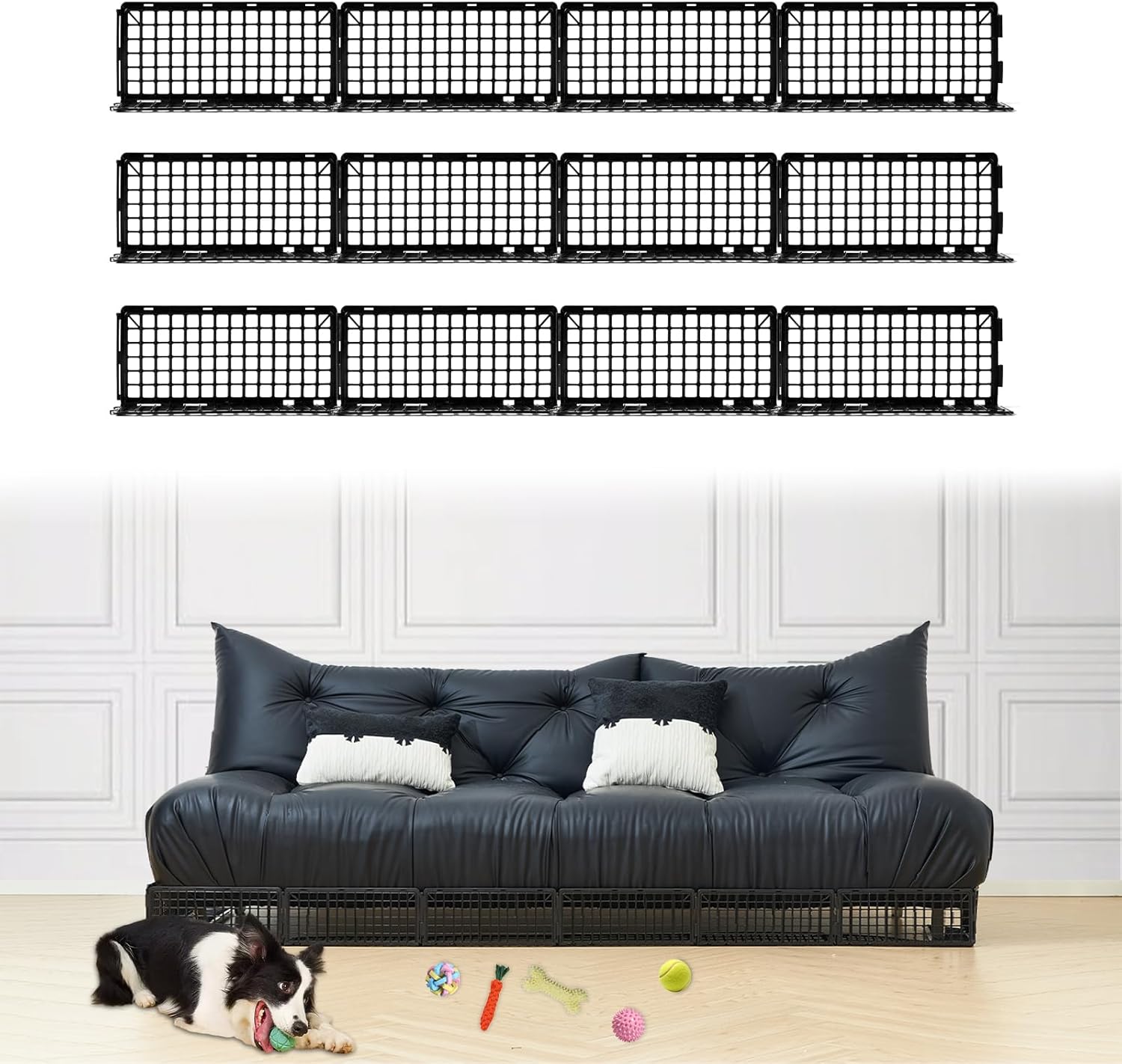 WEERRW Under Couch Blocker for Bed and Furniture 12 Pcs Plastic Under Bed Blocker with 30 Ties Black Couch Barriers for Pets Dogs Cats (6.6" H x 14.5" L)