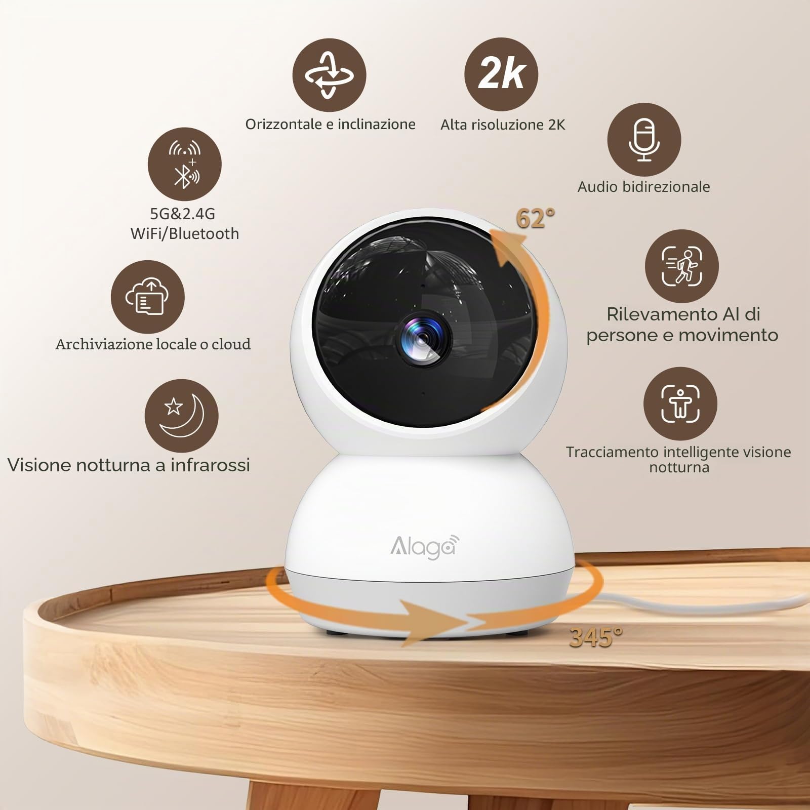 Alaga Telecamera di Sicurezza Interna 2K, Rilevamento AI di Persone e Animali, Wi-Fi 2.4/5 GHz, Rotazione 360°, Visione Notturna, Audio Bidirezionale, Compatibile con Alexa & Google (3 Mesi Cloud)