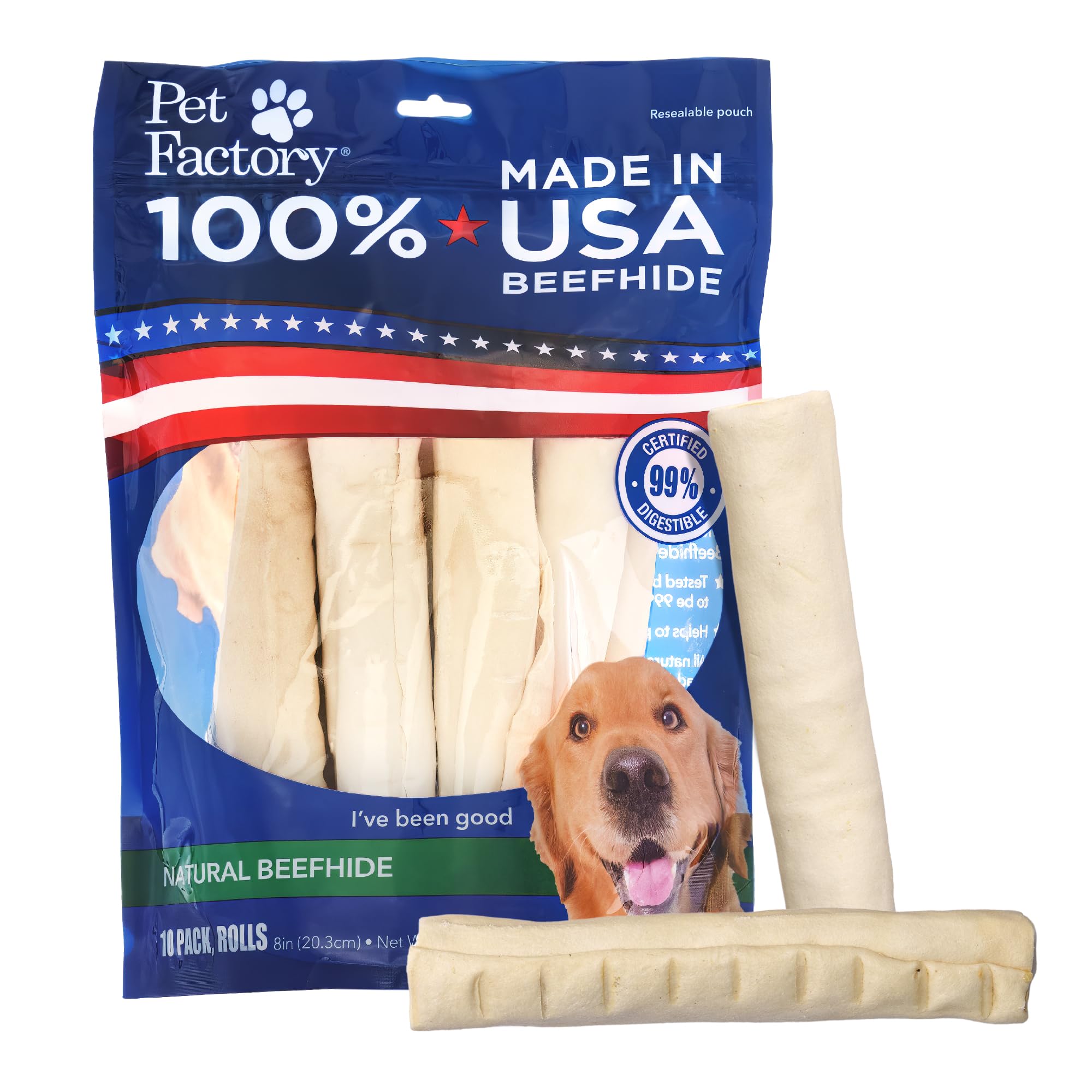 Pet Factory 100% Made in USA Beefhide 8" Rolls Dog Chew Treats - Natural Flavor, 10 Count/1 Pack