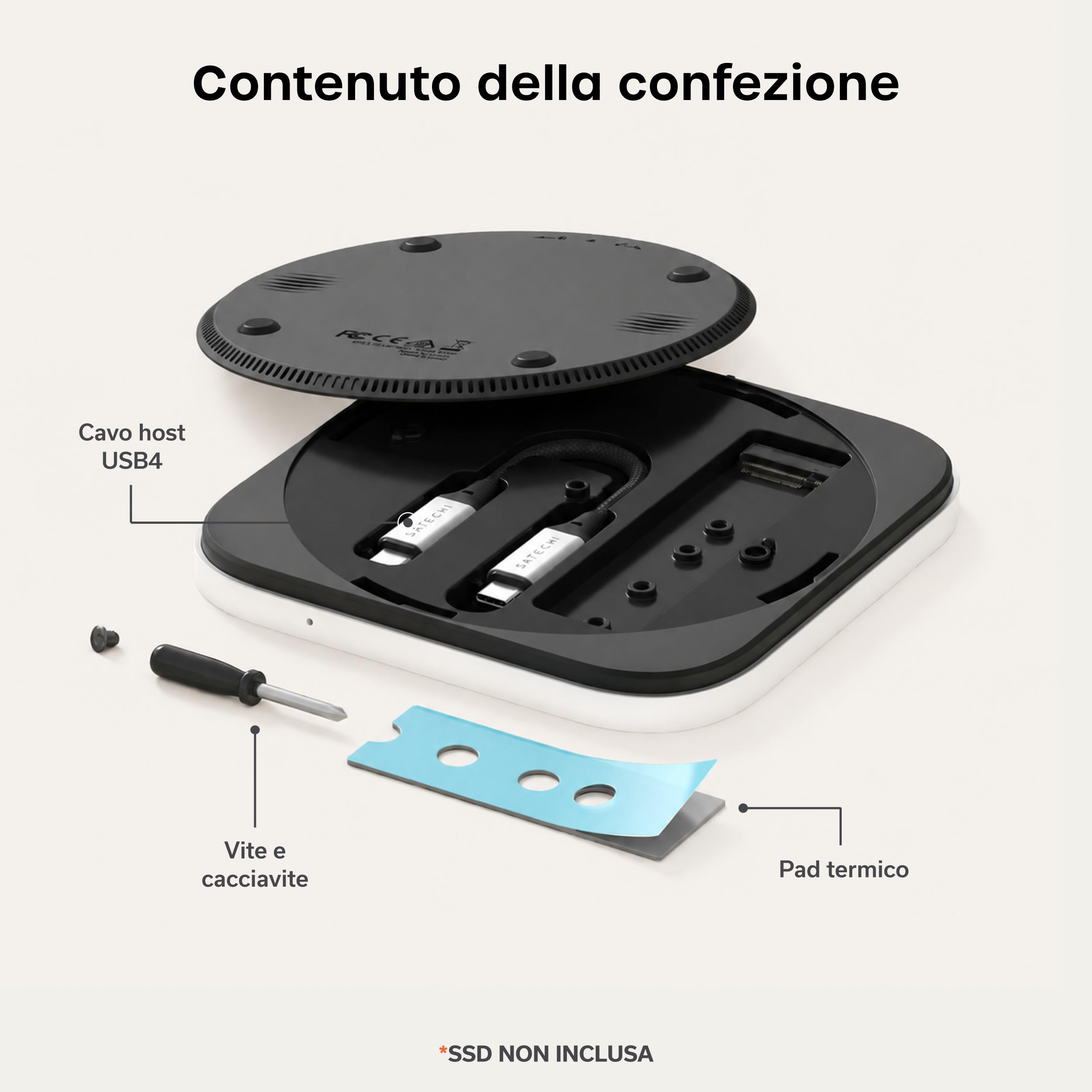 SATECHI Custodia SSD NVMe USB4 per Mac Mini M4, Compatibile con Thunderbolt 5/4, fino a 8TB, Velocità 40Gbps con Sistema di Raffreddamento, per SSD M.2 2280/2260/2242/2230 (SSD non incluso)