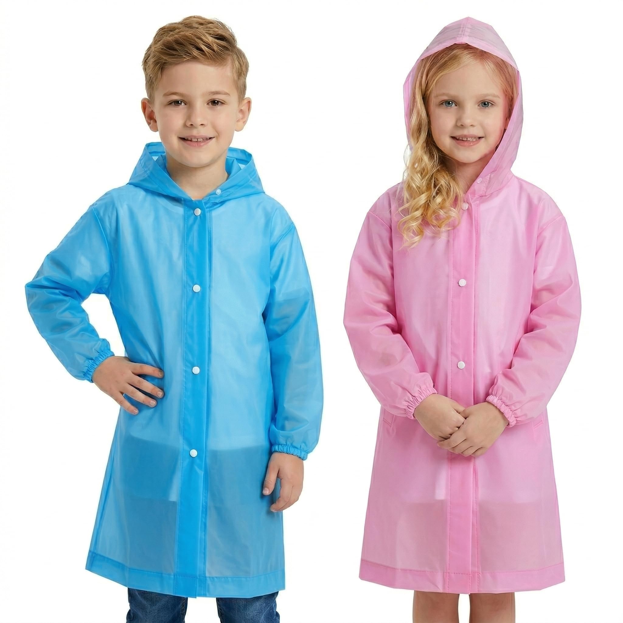 ZukoCert 2 Pack Rain Ponchos for Kids, Waterproof EVA or Thicker Ponchos with Hood and Sleeves for Boys and Girls