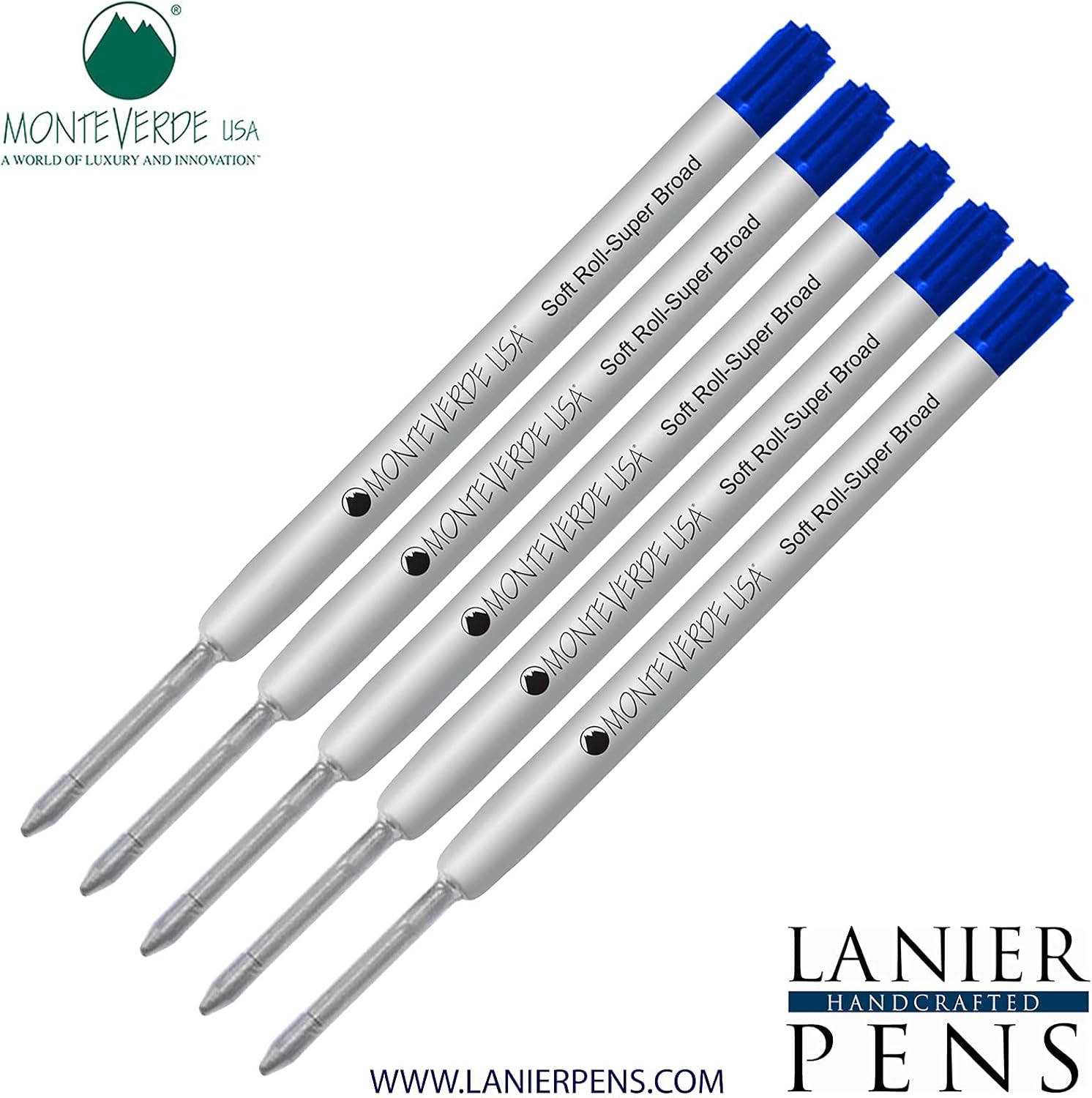 Lanier Combo Pack - 5 Pack - Monteverde® Soft Roll™ Super Broad Ballpoint P15 Paste Ink Refill Compatible with Most Parker® Style Ballpoint Pens - Blue (Super Broad Tip 1.4mm)