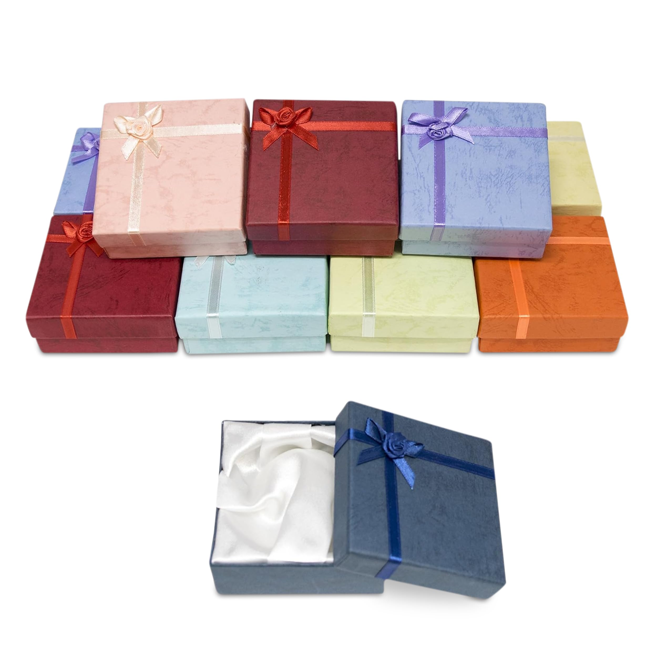 Novel Box Geschenkboxen aus Karton mit Rosenbug-Schleifen in verschiedenen Farben, 3,5 x 3,5 x 1 (12 Stück) + Reinigungstuch