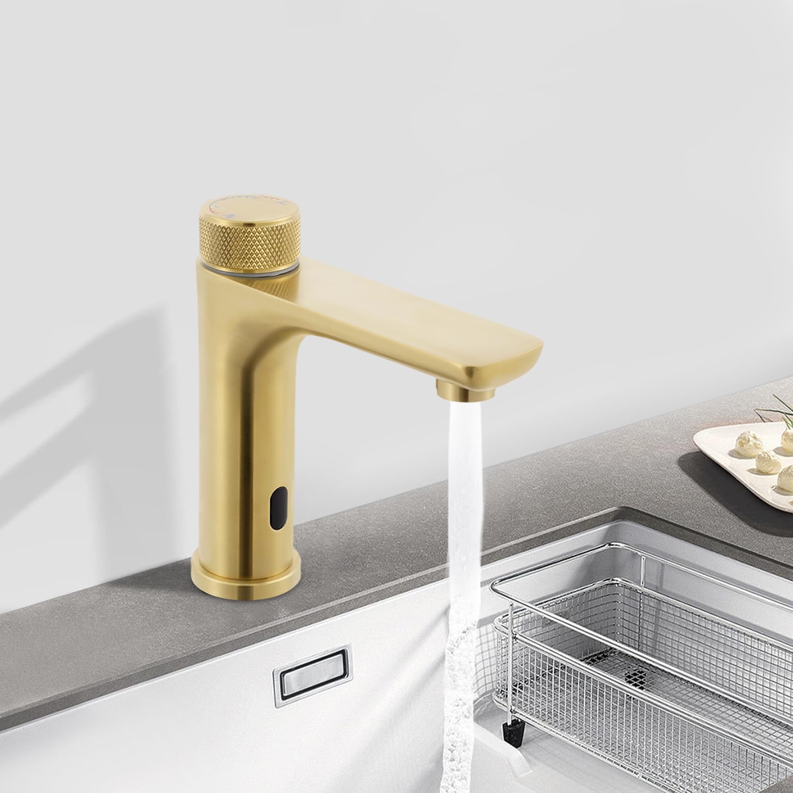 Rubinetto a infrarossi per bagno con sensore, miscelatore monocomando senza contatto, rubinetti per lavabo, rubinetto automatico in acciaio inox per bagno (oro)