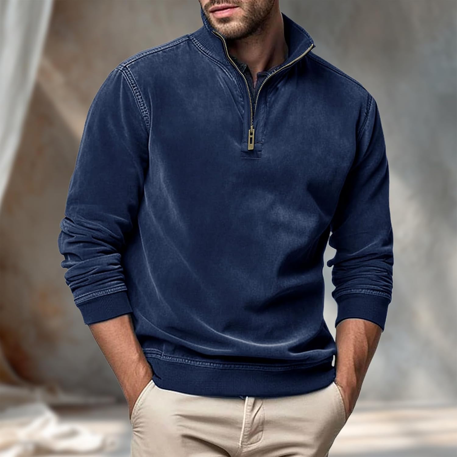 MARSVOVO Sweatshirt for Men Fall Winter Long Sleeve Zipper Warm Comfortable Solid Color Pullover Vintage Casual Outfits - Image 2