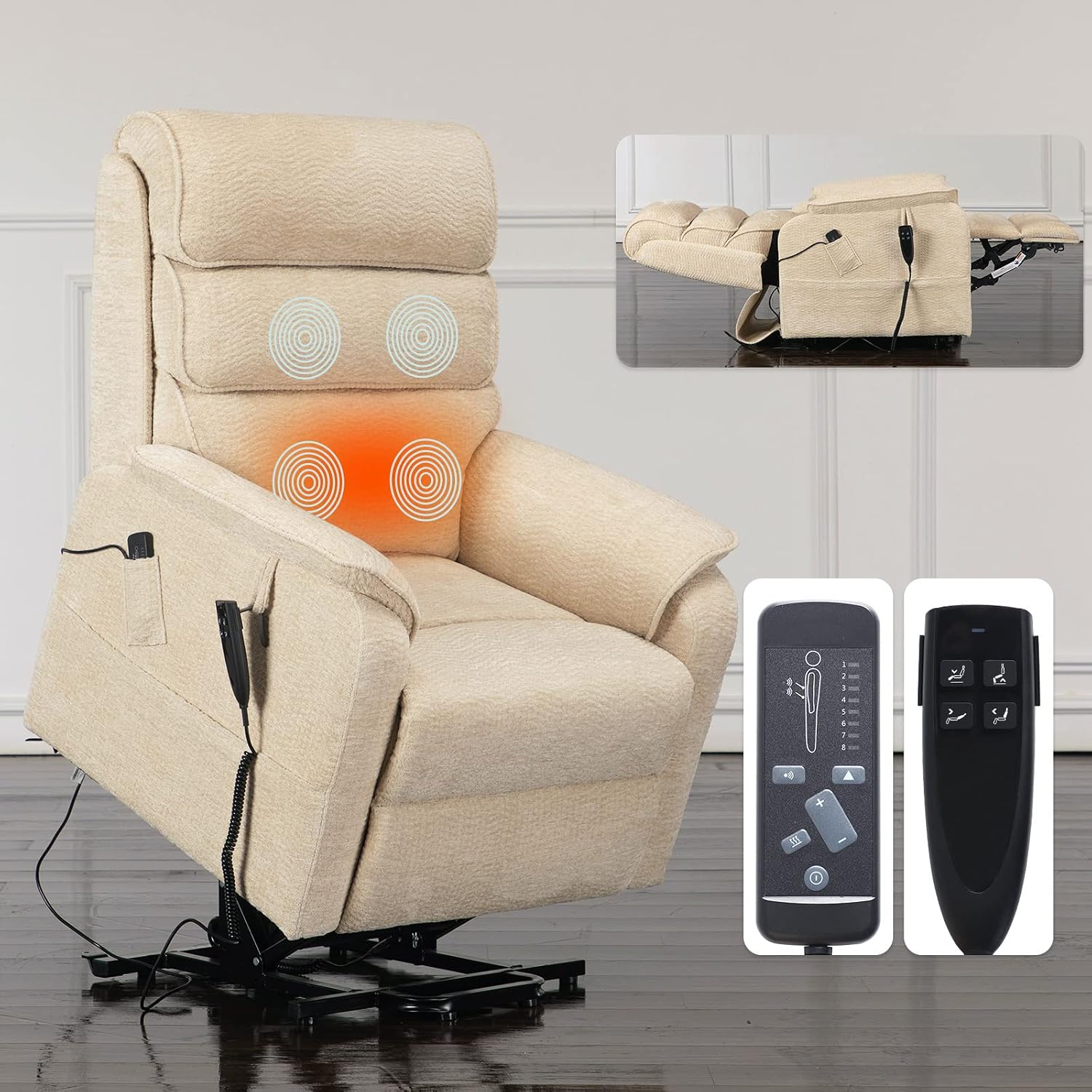 Irene House Lay Flat Recliner Lift Chair Recliners 9188 Large Dual Motor for Elderly Recliner Chair Electric Power Lift Sofa with Side Pockets(Chenille Beige)