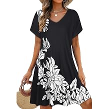 elescat Sundresses for Women Summer Dress with Pockets | 2026 Women V Neck T Shirt Dress, Short Sleeve Loose Dresses, Basic Summer Shirt Dress, Casual Short Dress