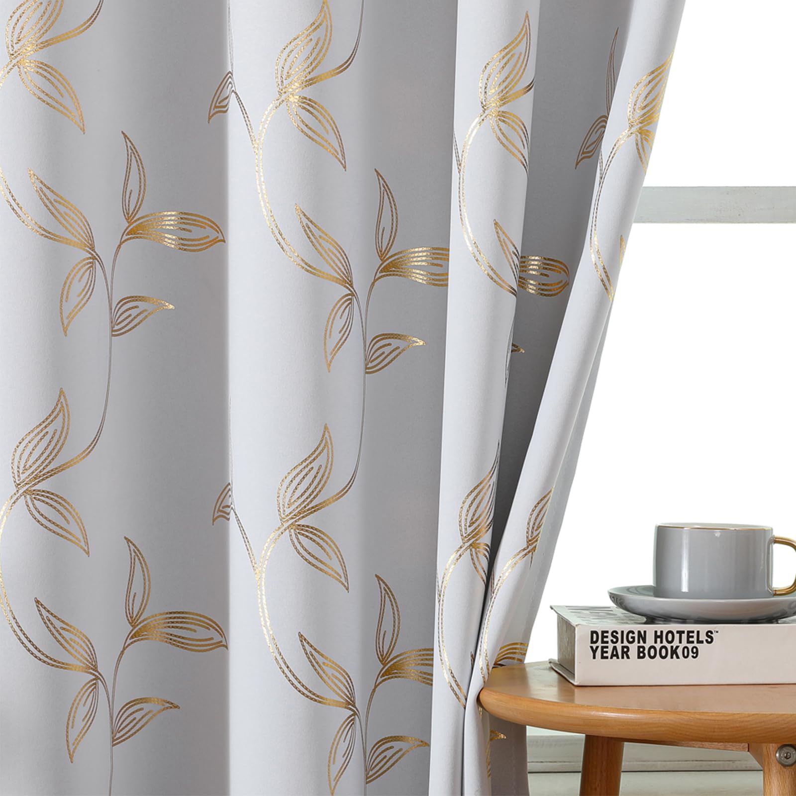 Gazal Vole White Curtains for Living Room & Office - Metallic Gold Leaf Foil Printed, 63 inch Drop, 70-80% Room Darkening Drapes, Help with Heat Insulation, Decorative Light Filter & Glare Reduction â image 1