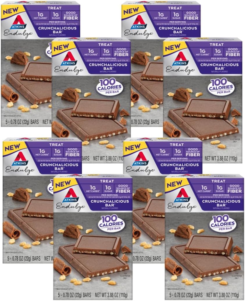 Endulge, Crunchalicious Bar, 1g Net Carbs, 1g Sugar, Good Source of Fiber, 5 Count (Pack of 8)