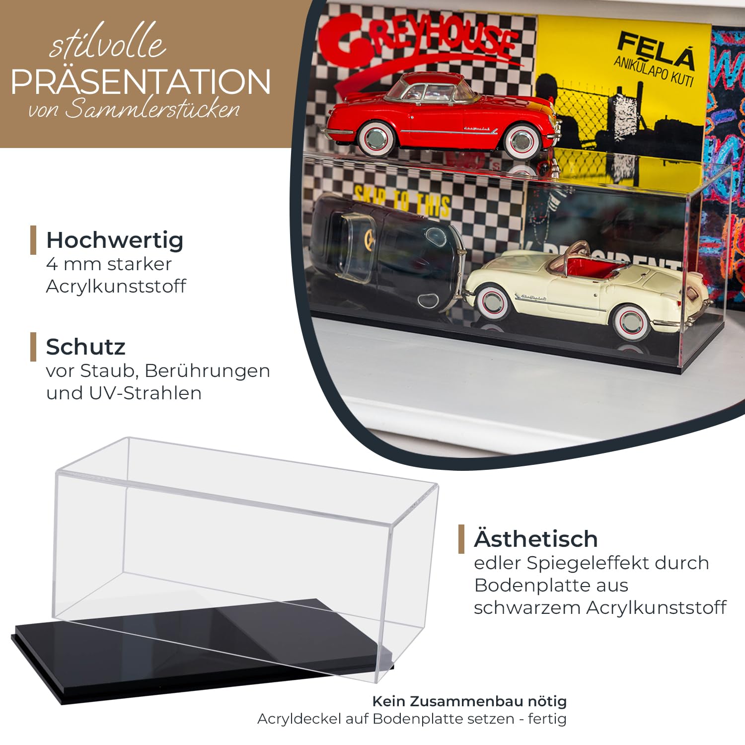 HMF 46803 Acryl Vitrine für Modellautos, Schaukasten für Figuren | 30 x 15 x 14 cm | Transparent